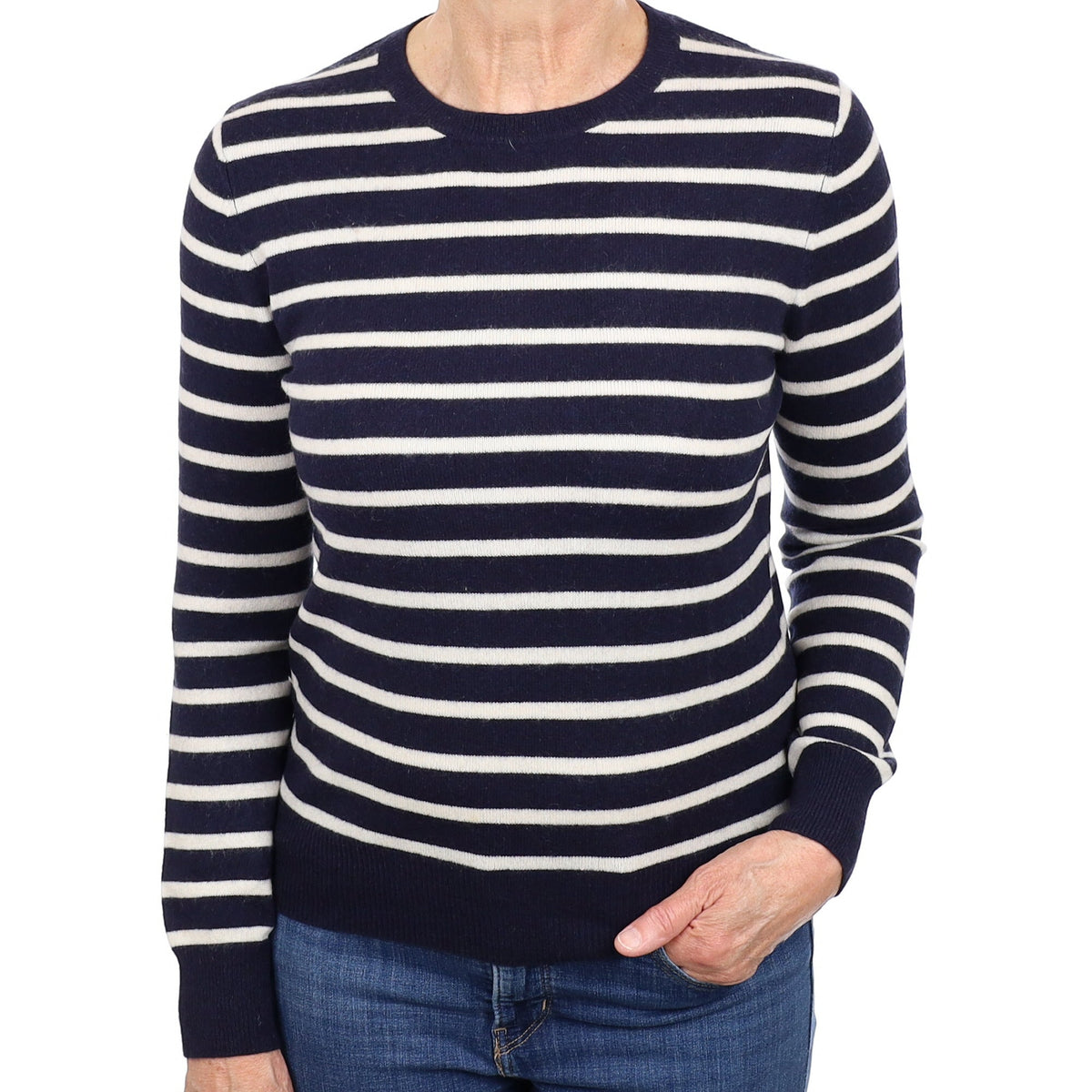 Navy and Cream Striped Cashmere Crew Neck Jumper Medium