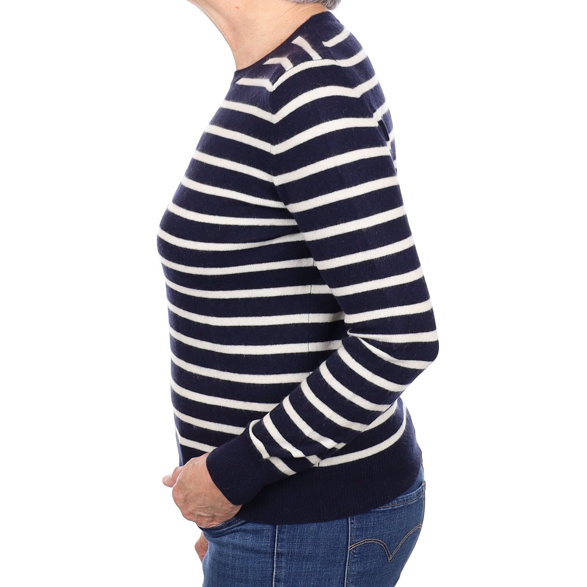 Navy and Cream Striped Cashmere Crew Neck Jumper Medium