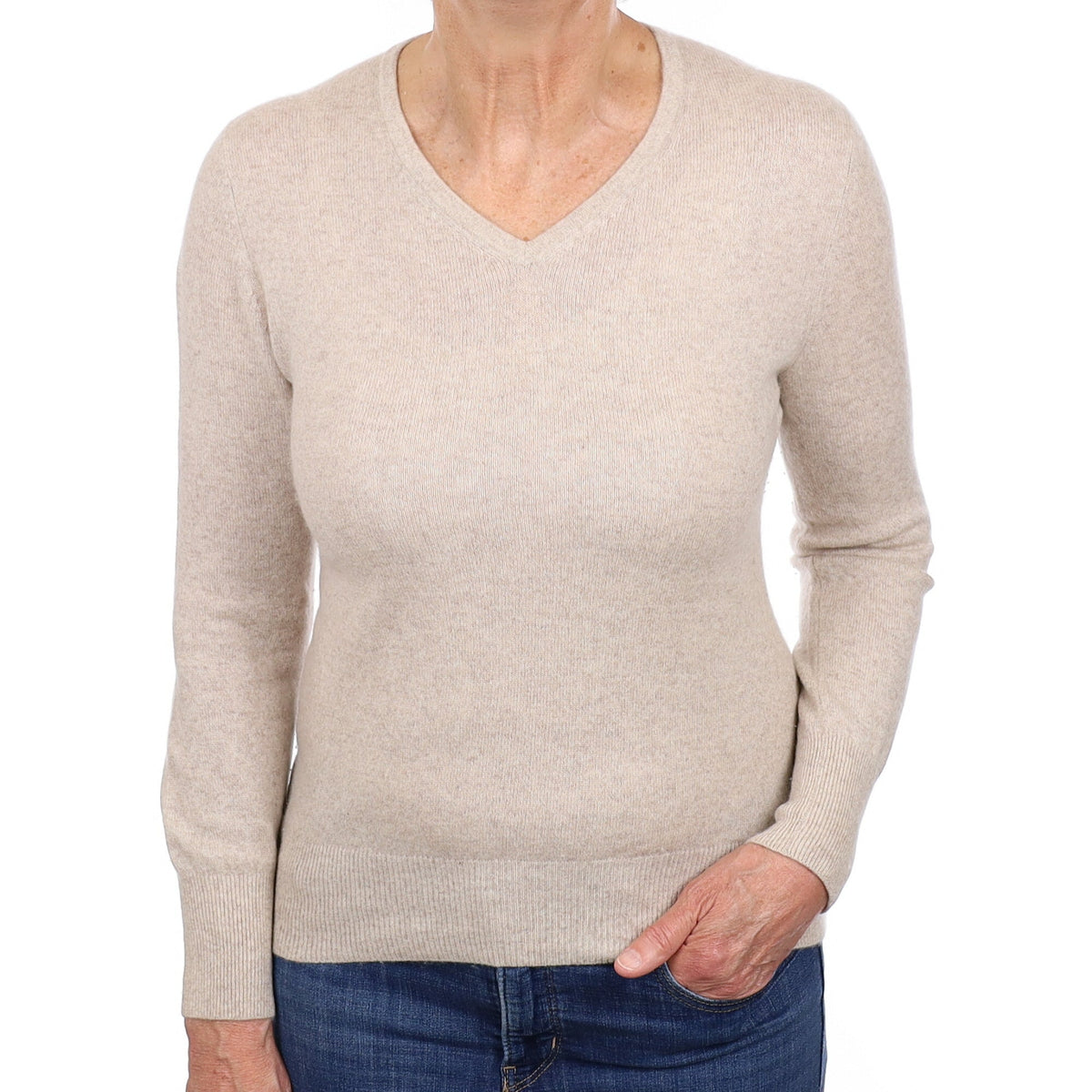 Almond Beige Cashmere V Neck Jumper Medium