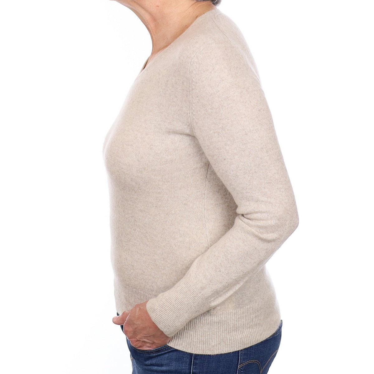 Almond Beige Cashmere V Neck Jumper Medium