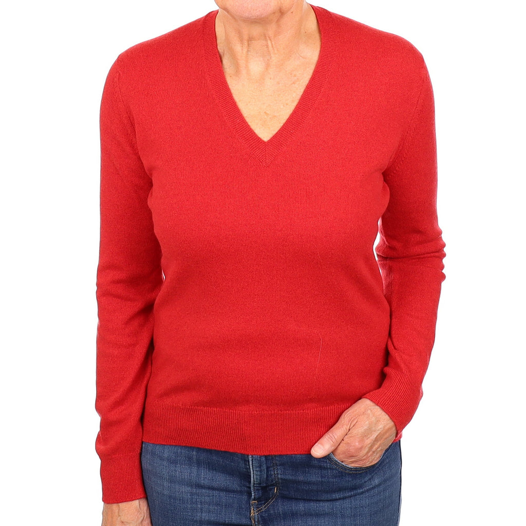 Scottish Scarlet Red Cashmere V Neck Jumper Medium