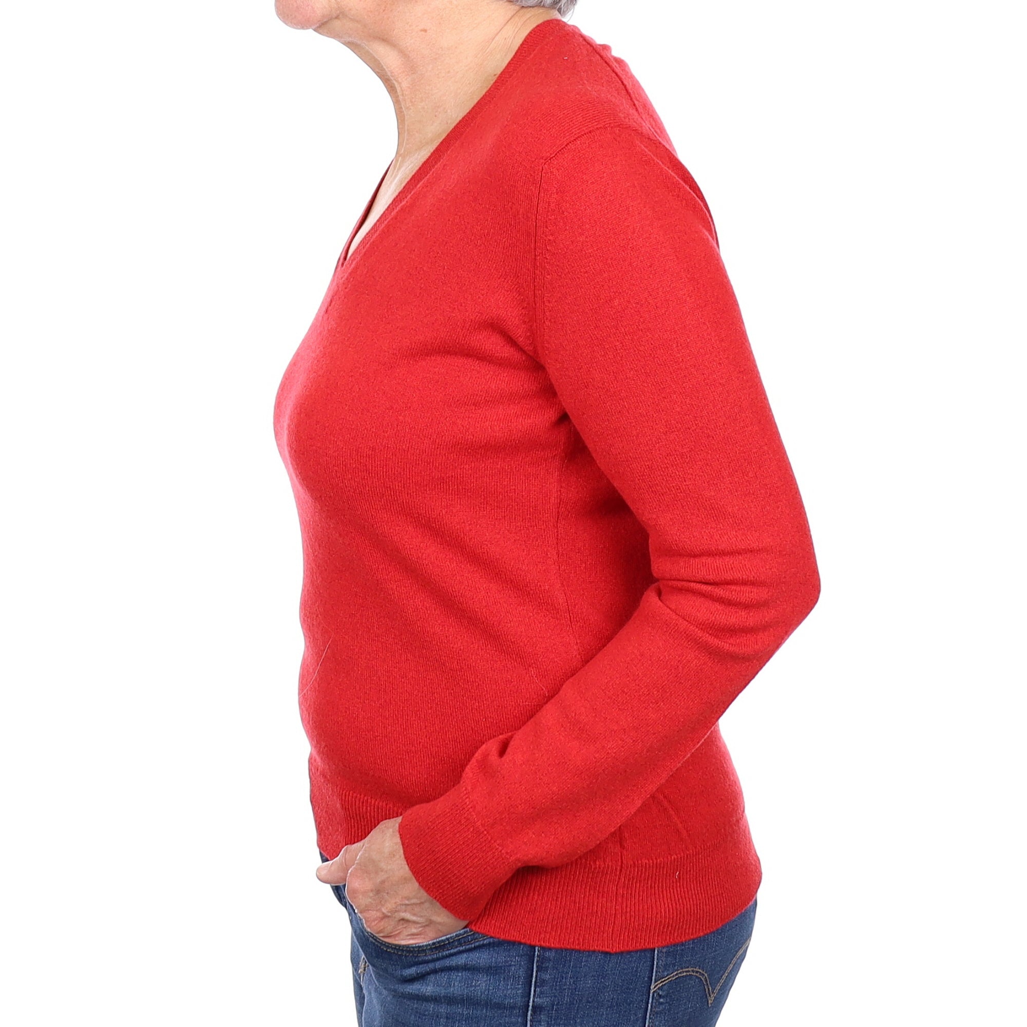 Scottish Scarlet Red Cashmere V Neck Jumper Medium