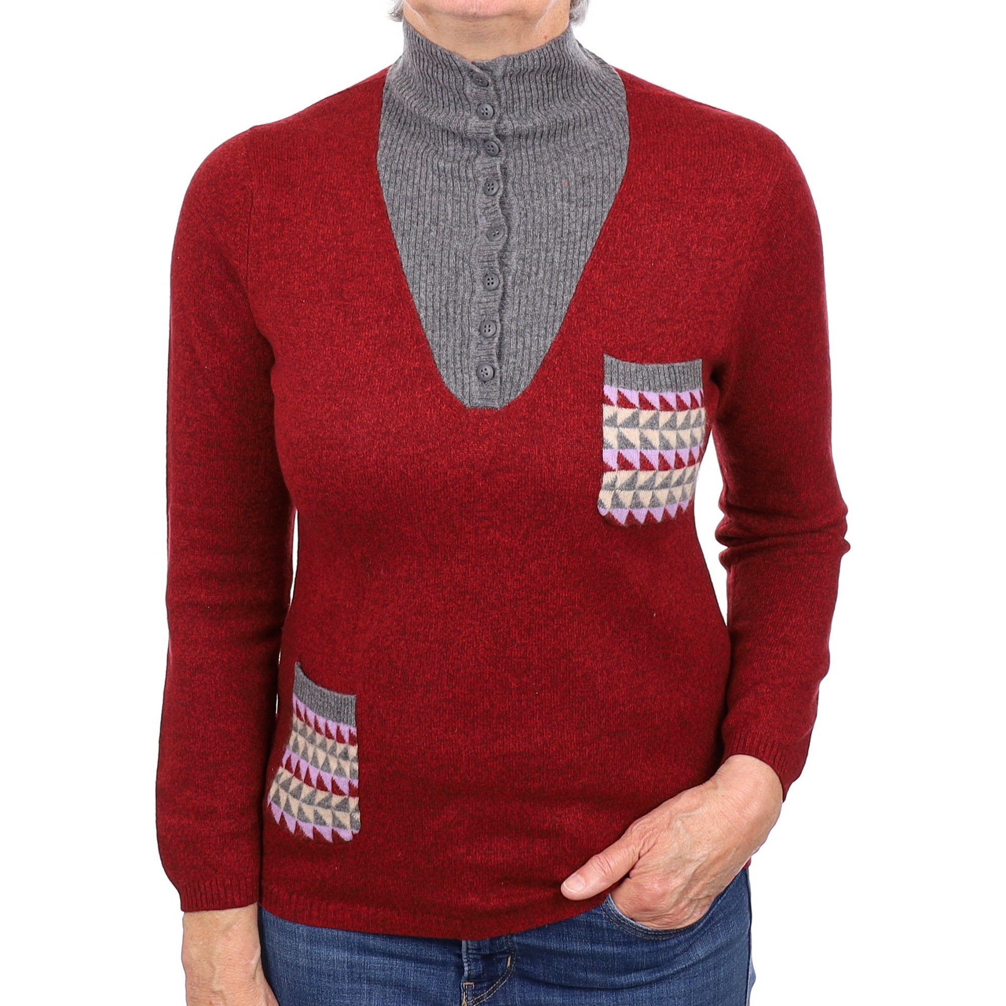 Burgundy Marl Cashmere Buttoned Turtleneck Jumper With Pockets Medium