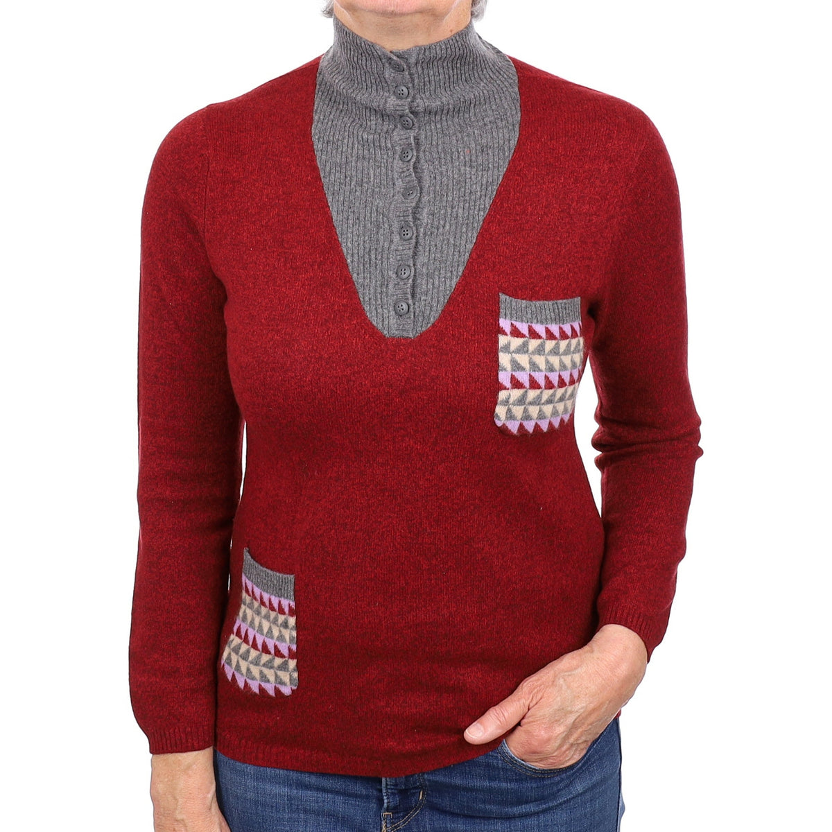Burgundy Marl Cashmere Buttoned Turtleneck Jumper With Pockets Medium