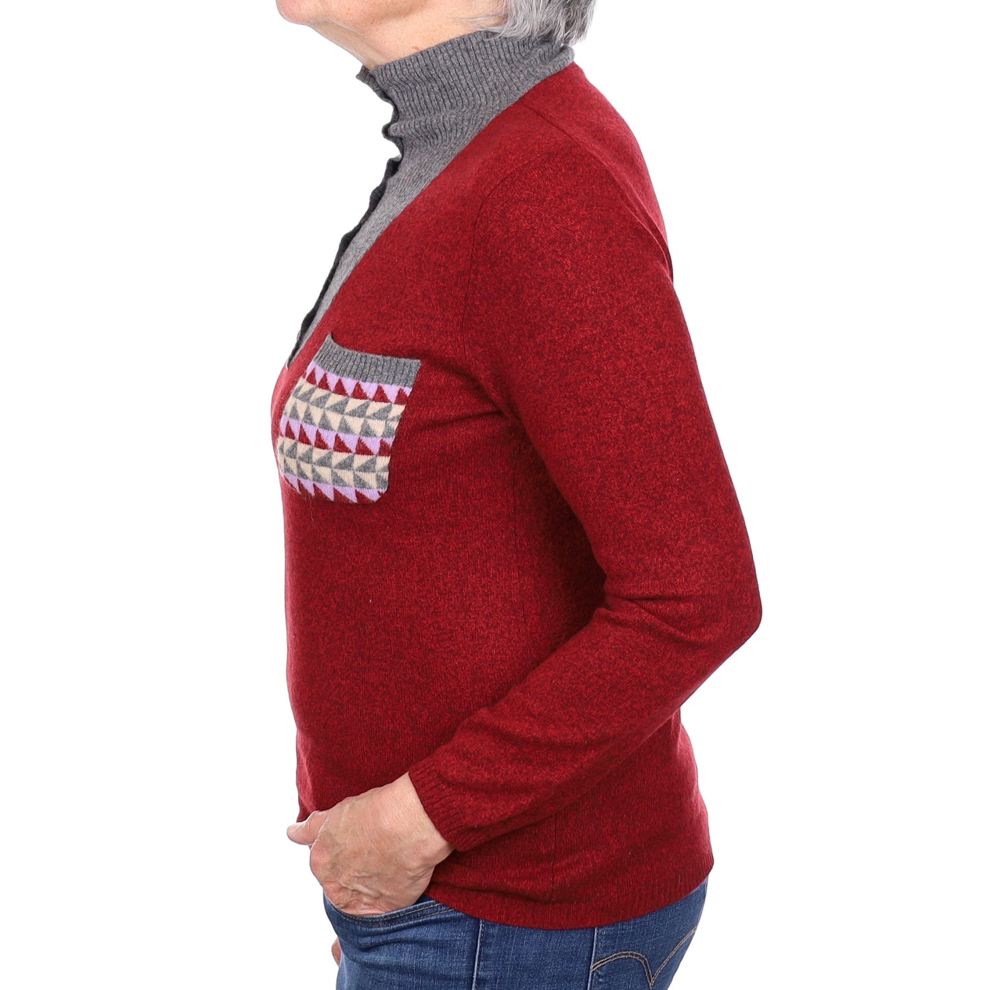 Burgundy Marl Cashmere Buttoned Turtleneck Jumper With Pockets Medium
