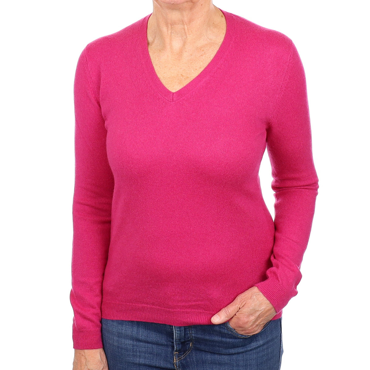 Fuchsia Pink Cashmere V Neck Jumper Medium