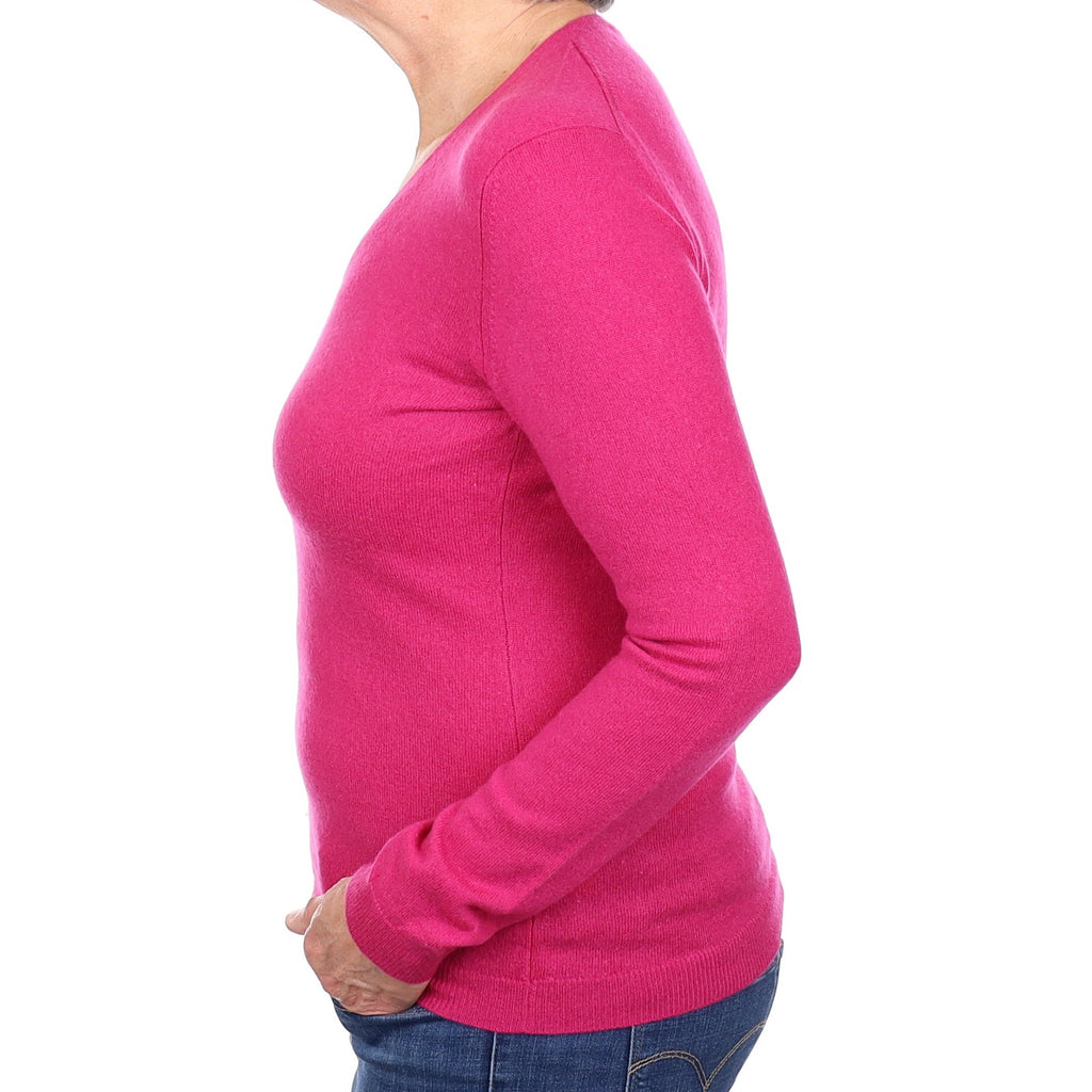 Fuchsia Pink Cashmere V Neck Jumper Medium