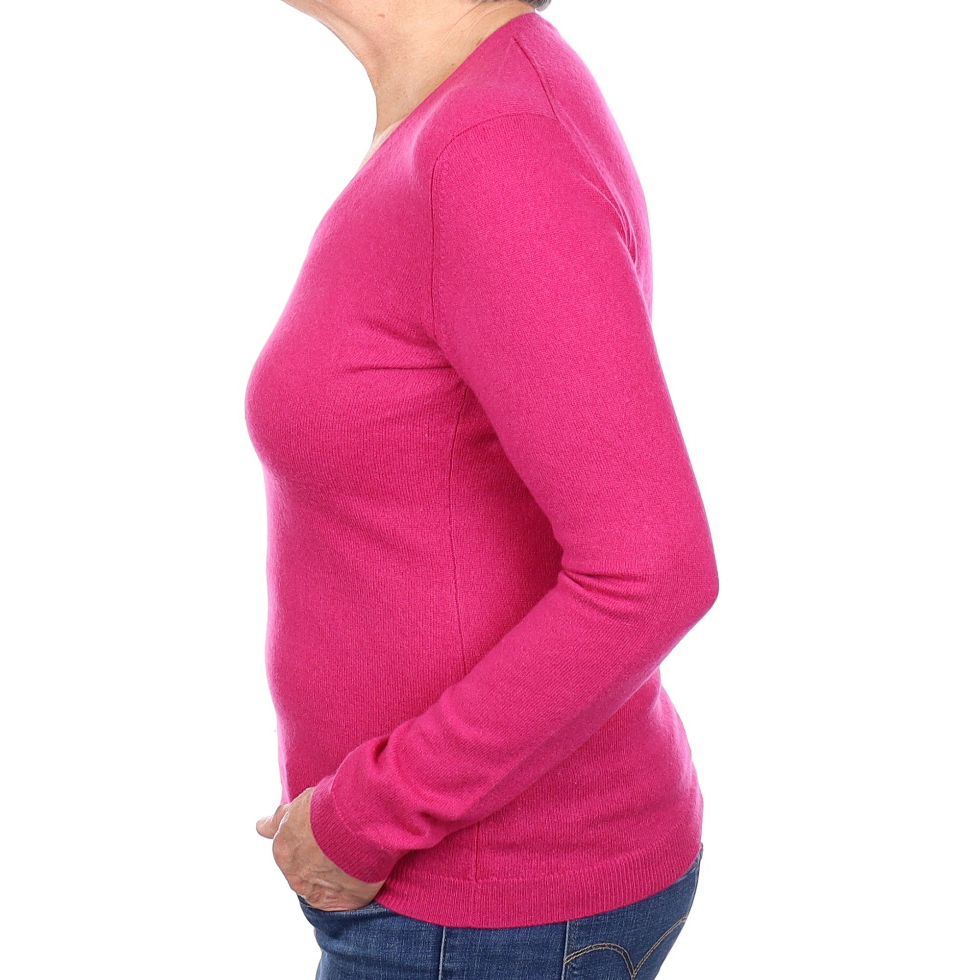 Fuchsia Pink Cashmere V Neck Jumper Medium