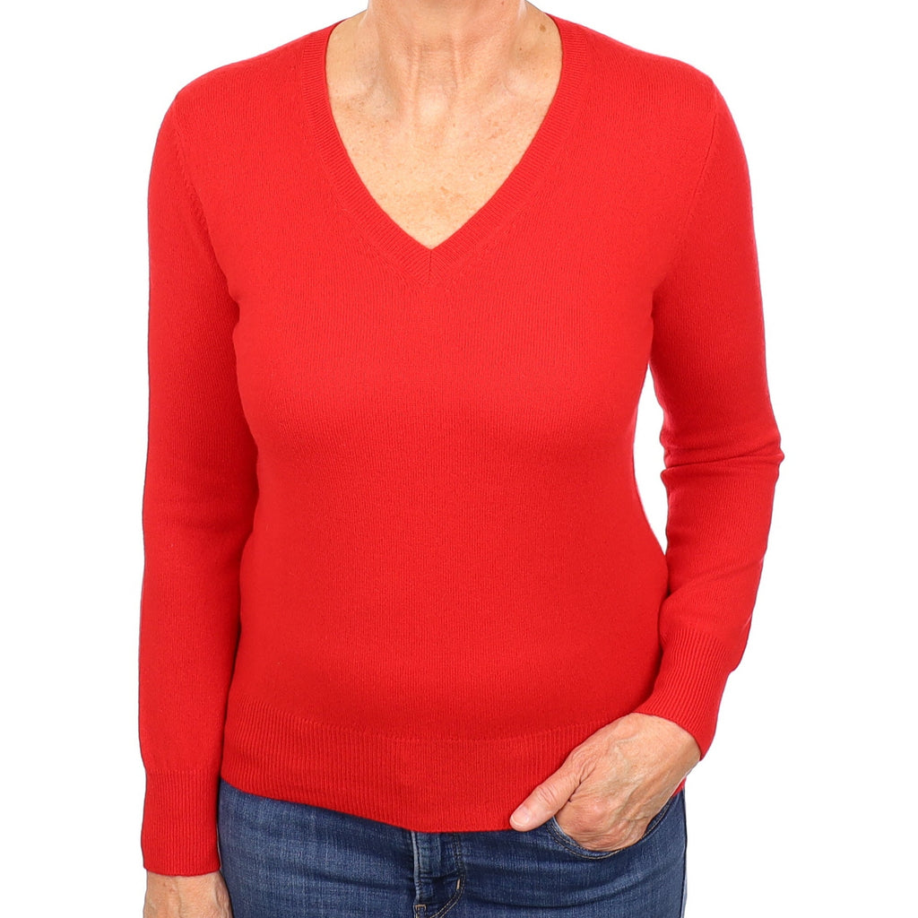 Vermilion Red Cashmere V Neck Jumper Medium