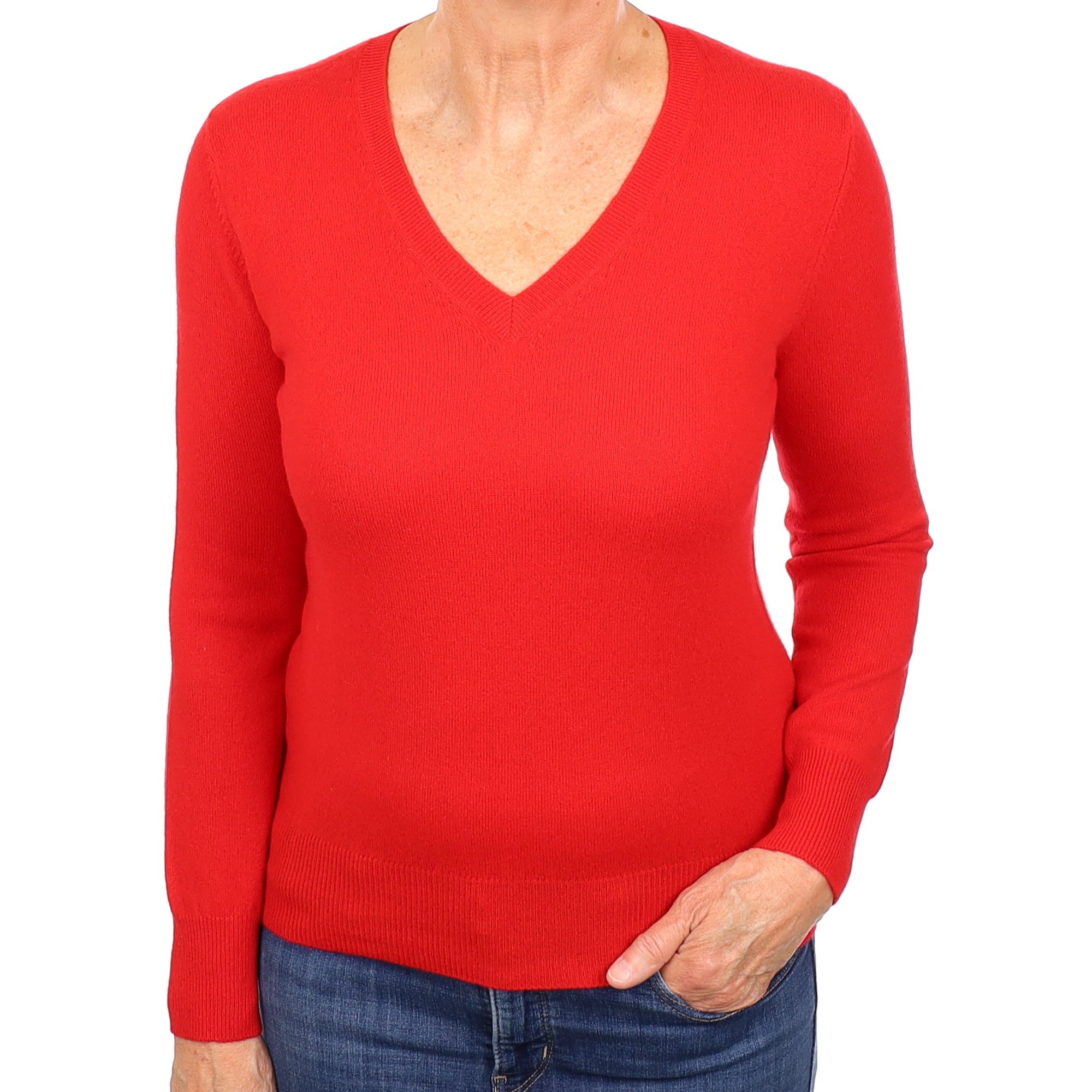 Vermilion Red Cashmere V Neck Jumper Medium