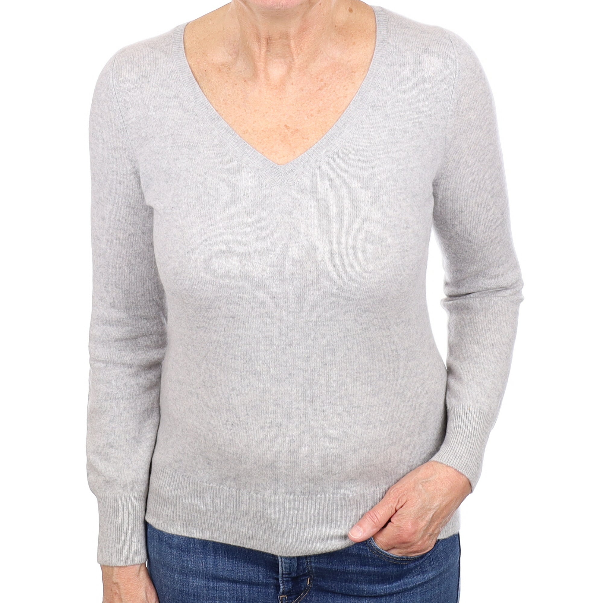 Mist Grey Cashmere V Neck Jumper Medium