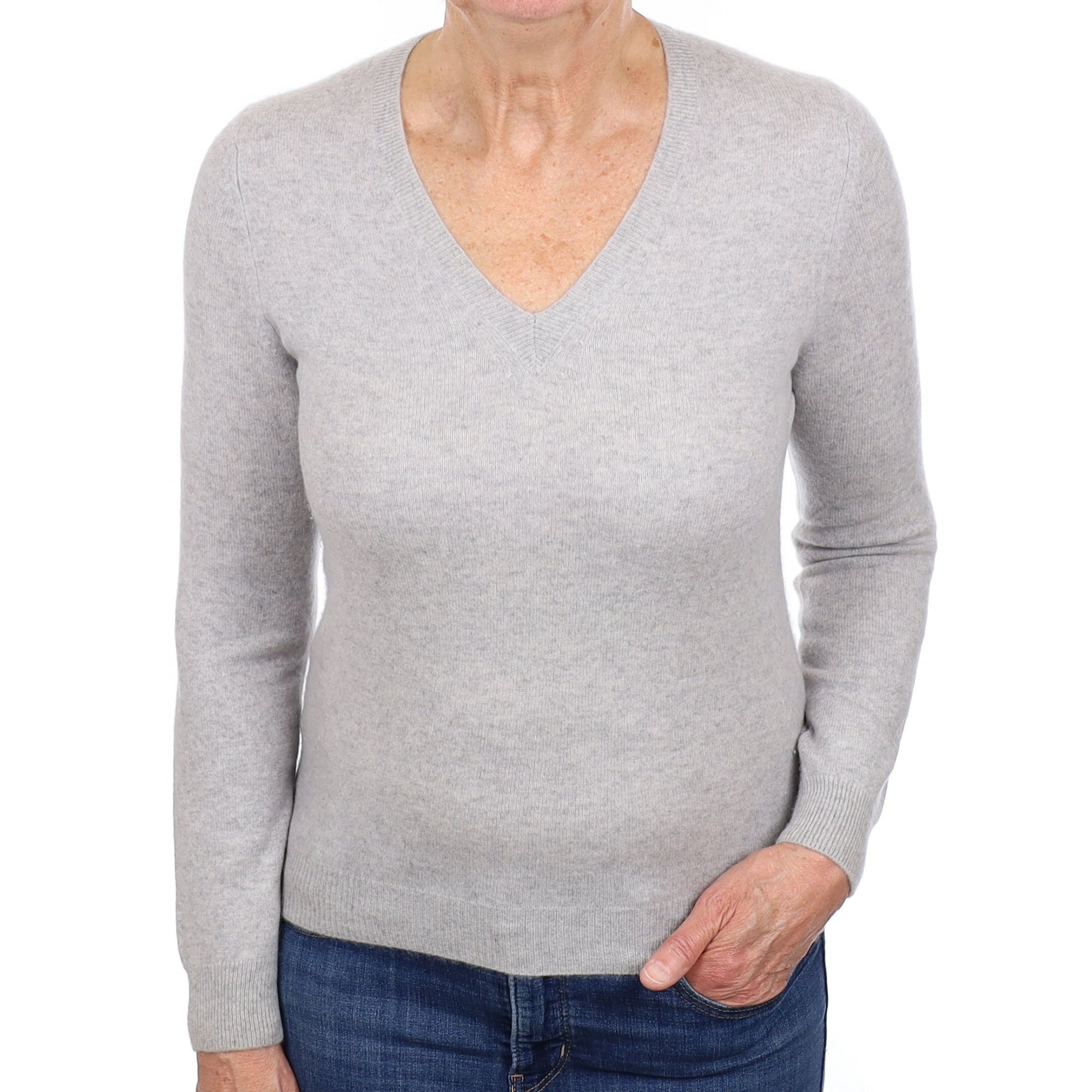 Smoke Grey Cashmere V Neck Jumper Medium