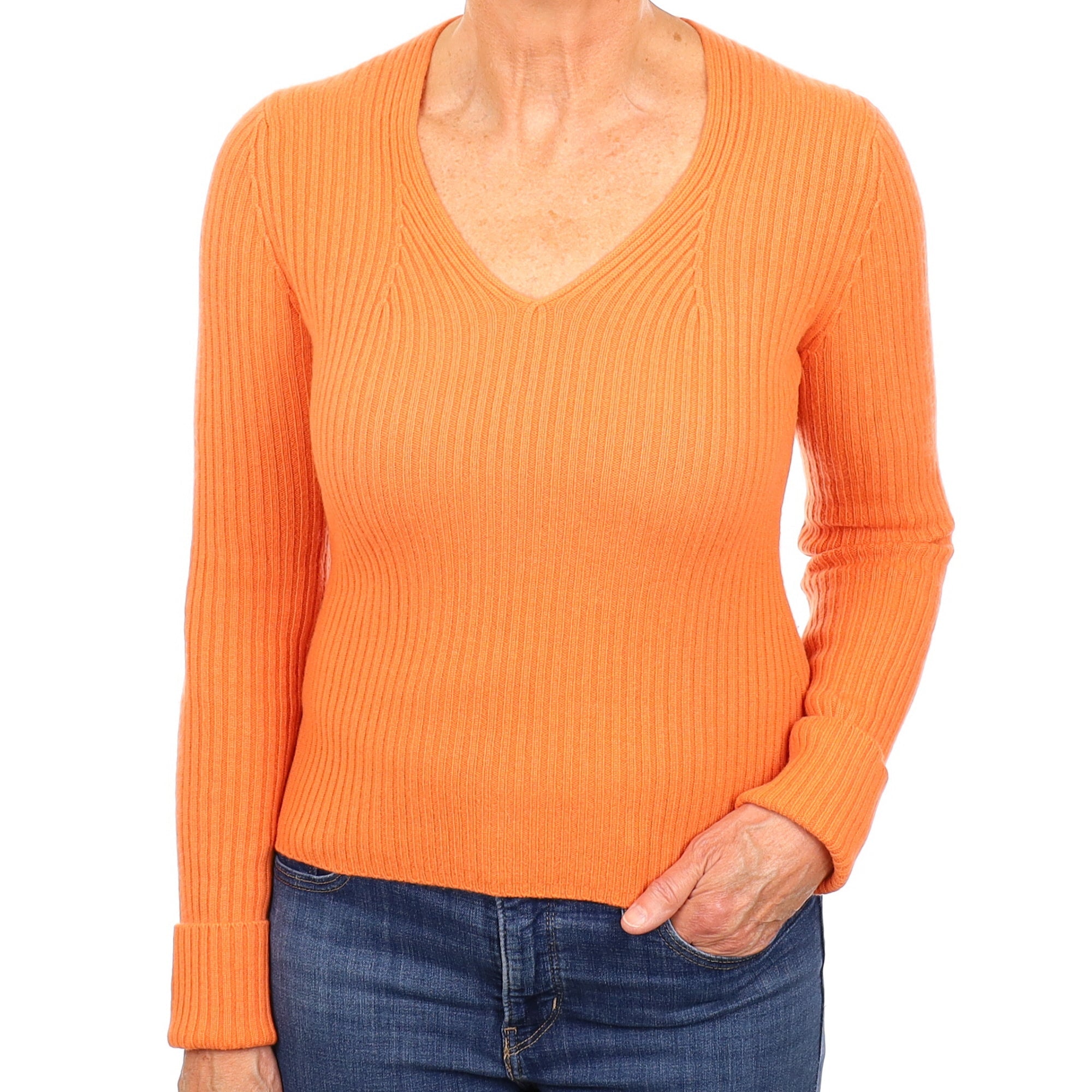 Tangerine Orange Ribbed Cashmere V Neck Jumper Medium