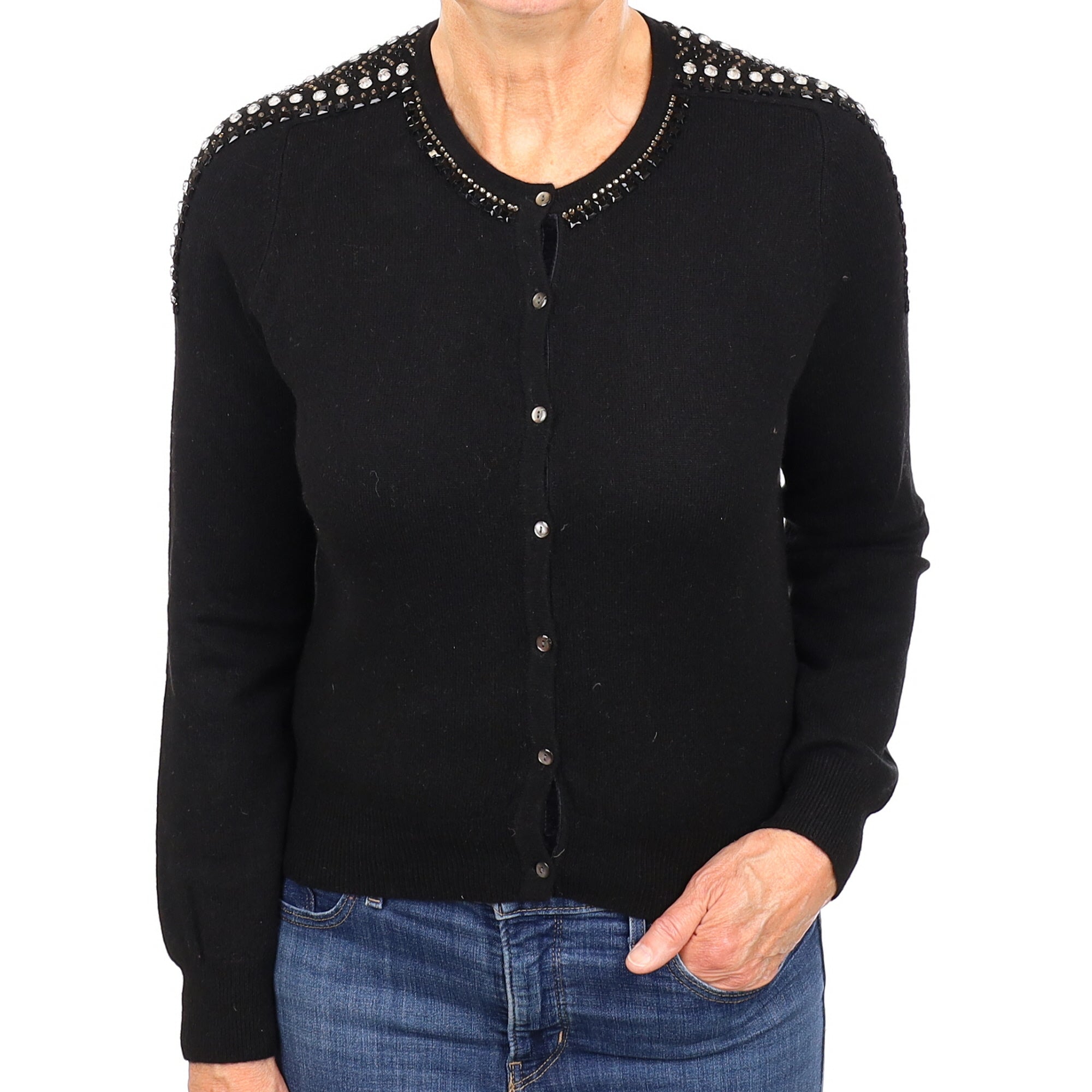 Black Beaded Cashmere Crew Neck Cardigan Medium