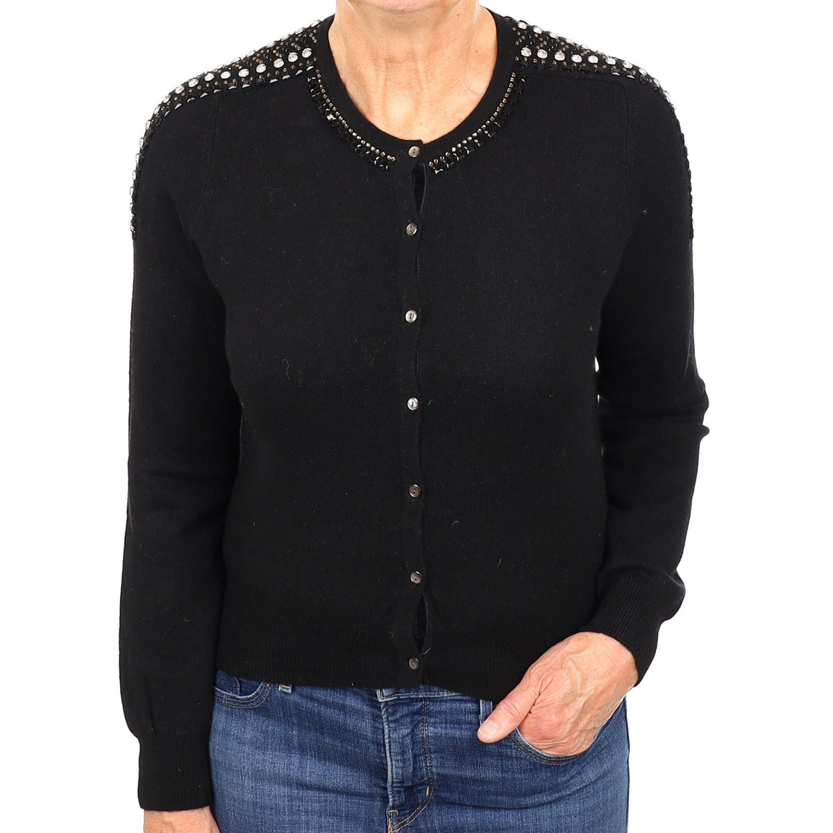 Black Beaded Cashmere Crew Neck Cardigan Medium