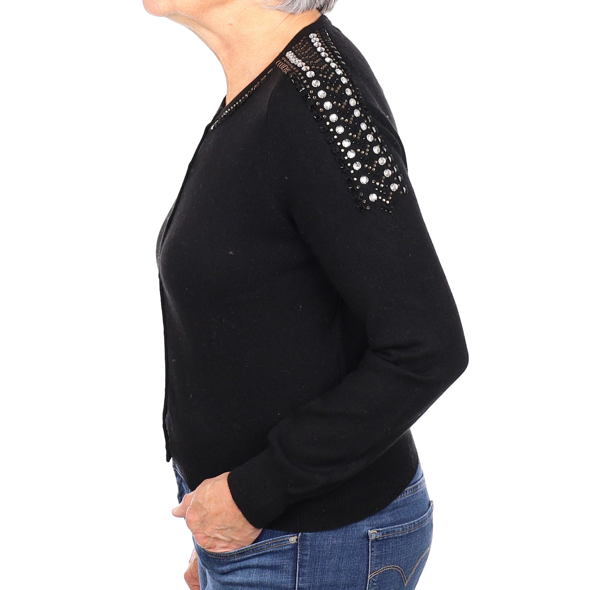 Black Beaded Cashmere Crew Neck Cardigan Medium