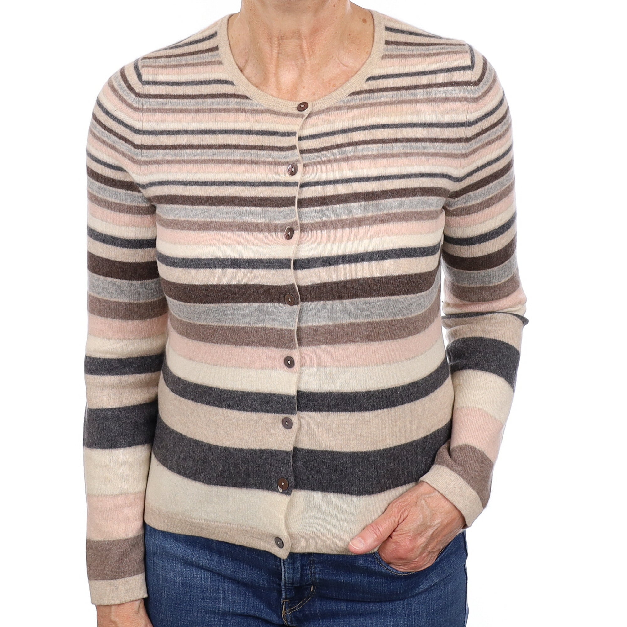 Oatmeal Stripe Cashmere Crew Neck Cardigan Medium