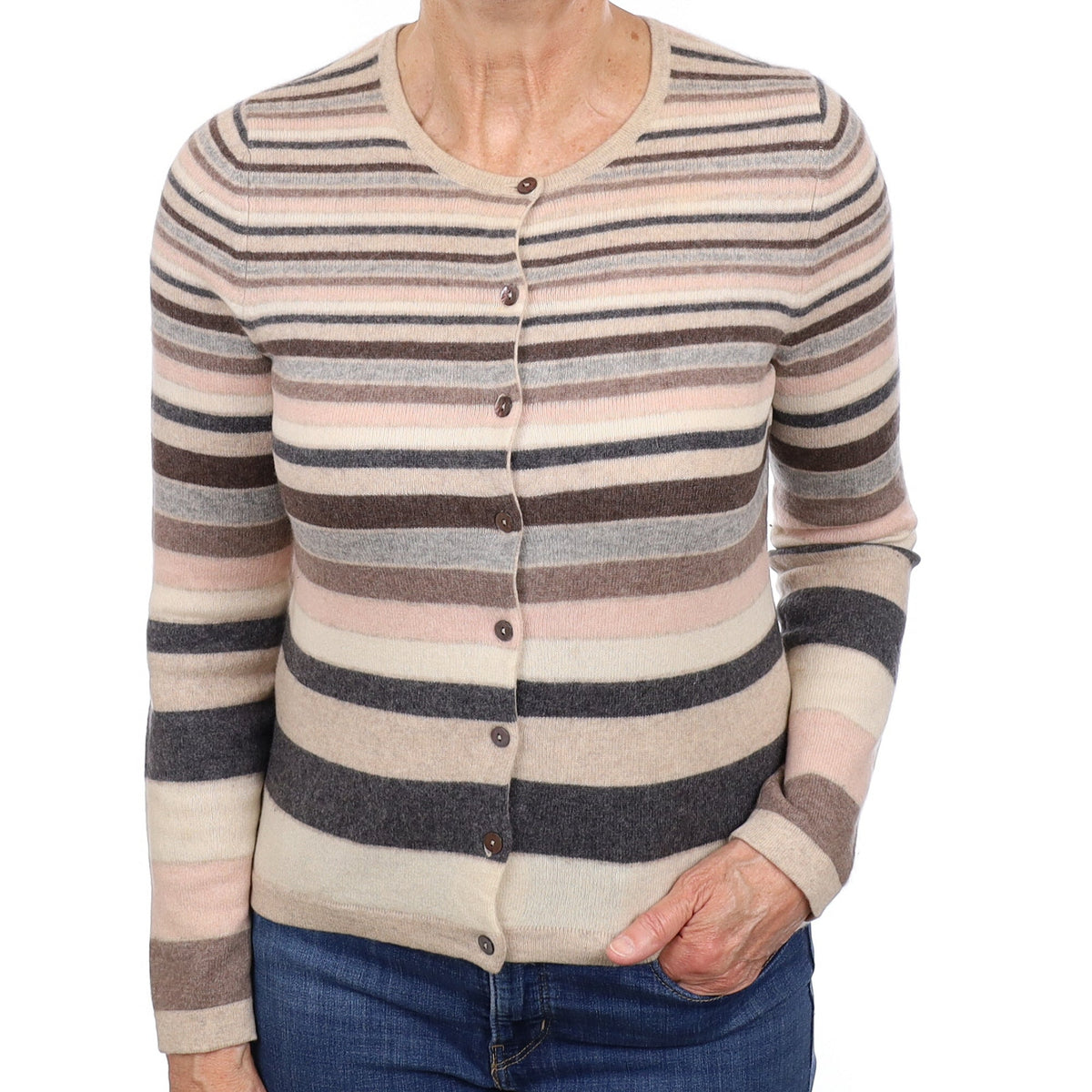 Oatmeal Stripe Cashmere Crew Neck Cardigan Medium