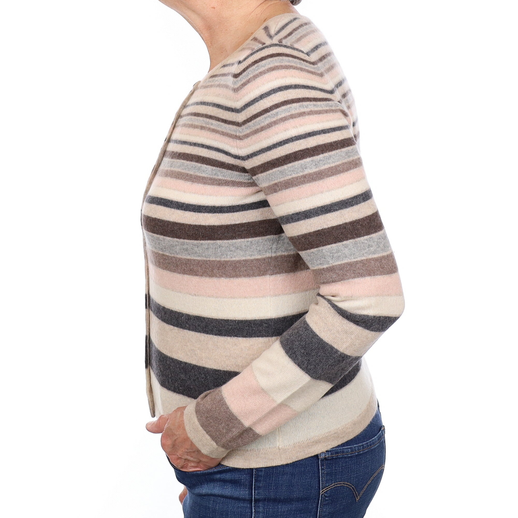 Oatmeal Stripe Cashmere Crew Neck Cardigan Medium
