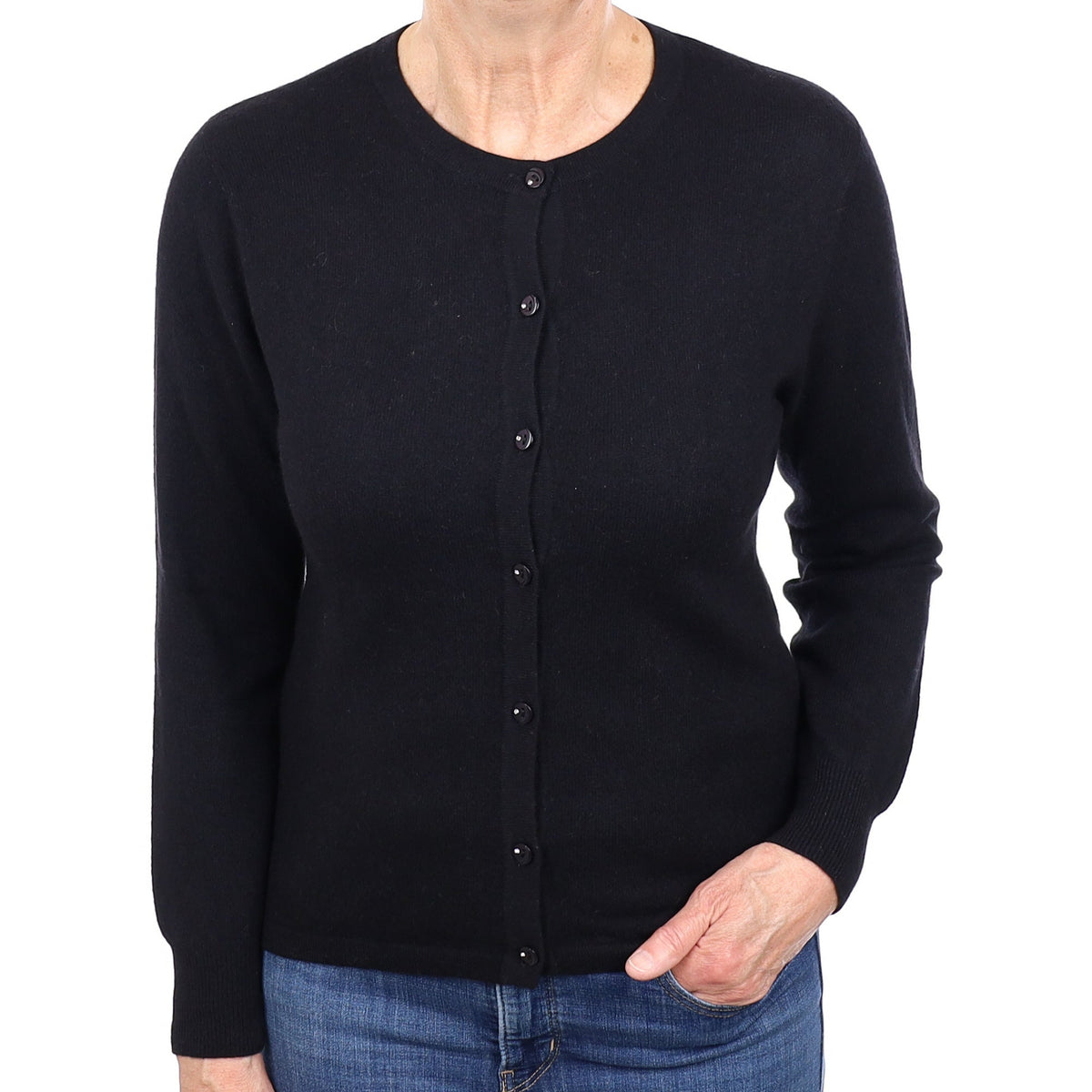 Black Cashmere Crew Neck Cardigan Medium
