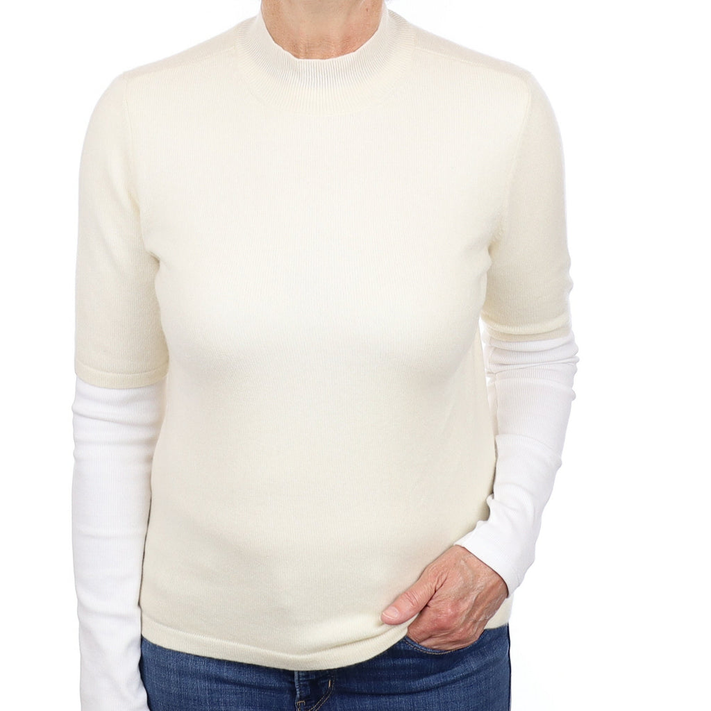 Ivory Cashmere Short Sleeved Turtle Neck Jumper Medium