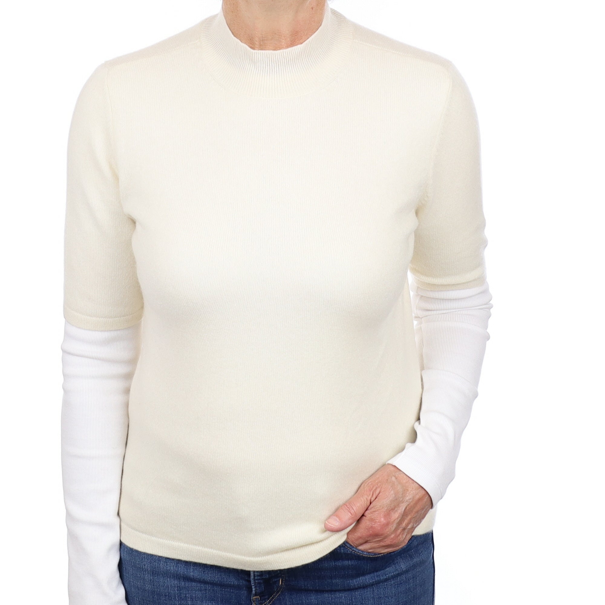Ivory Cashmere Short Sleeved Turtle Neck Jumper Medium