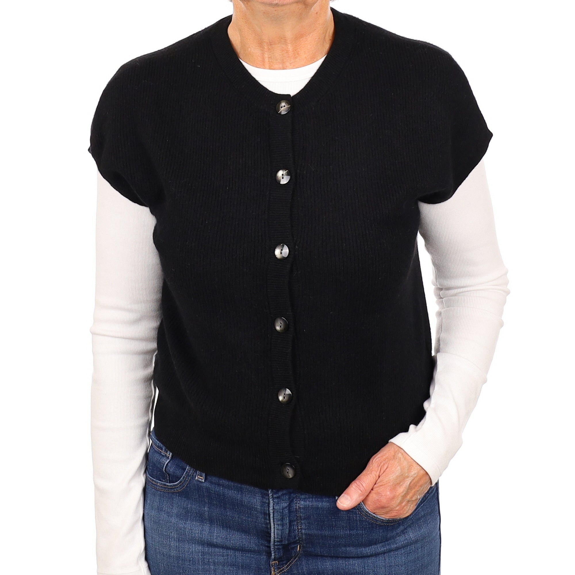Black Ribbed Cashmere Short Sleeved Crew Neck Cardigan Medium