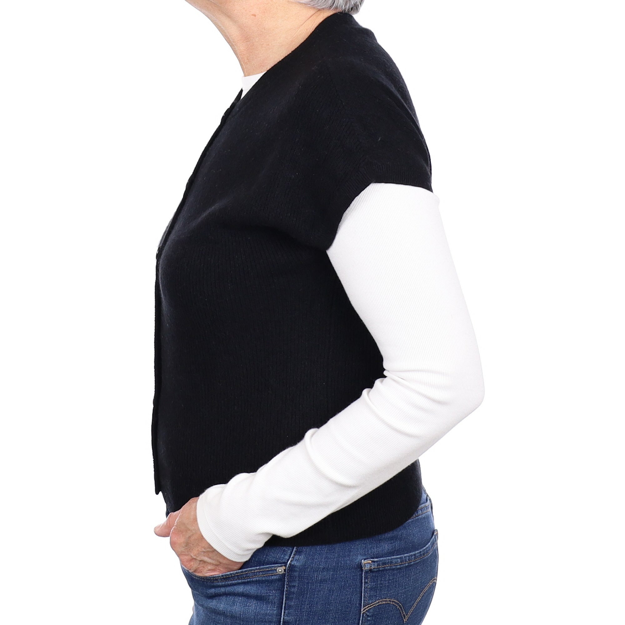 Black Ribbed Cashmere Short Sleeved Crew Neck Cardigan Medium