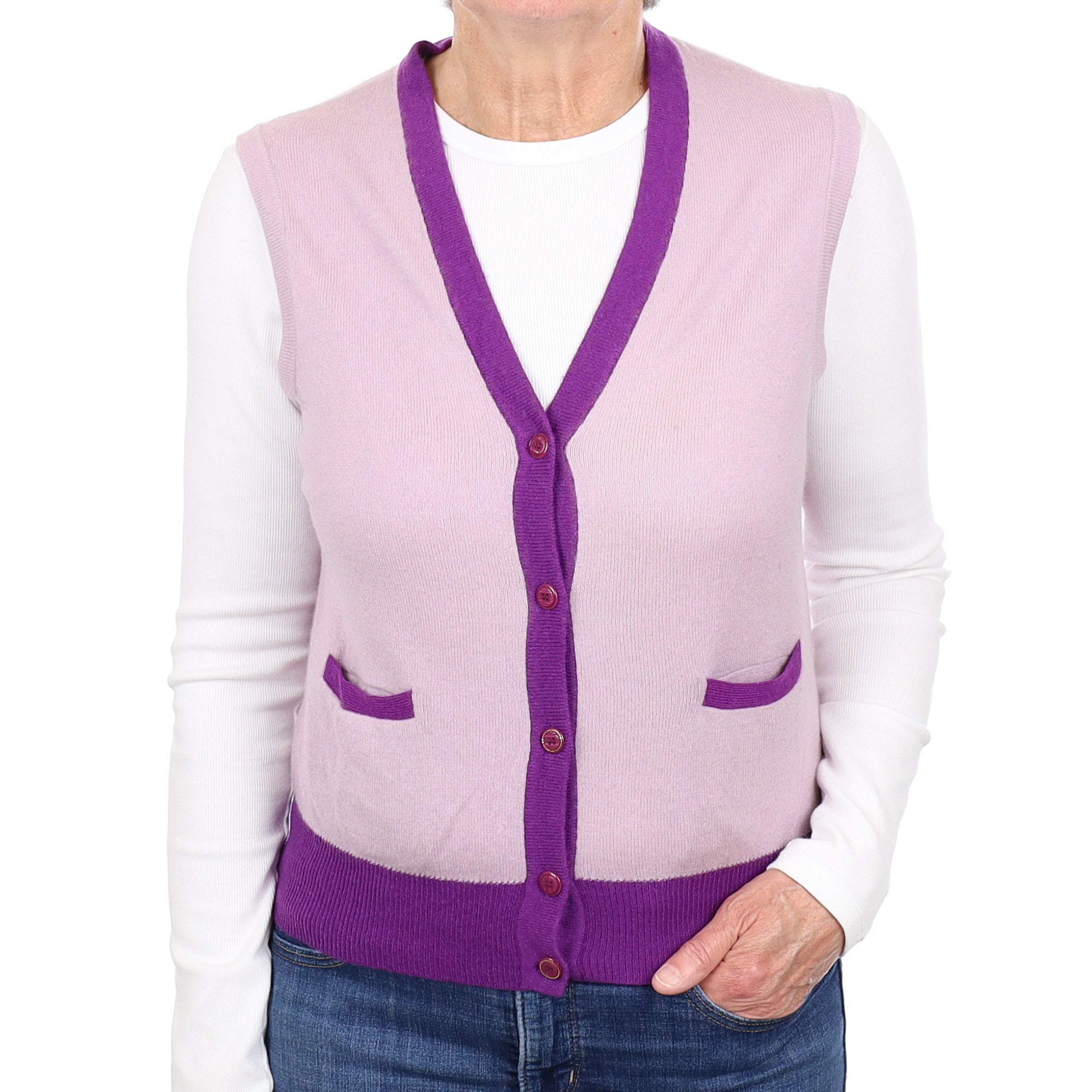 Lilac and Viola Cashmere V Neck Waistcoat Medium