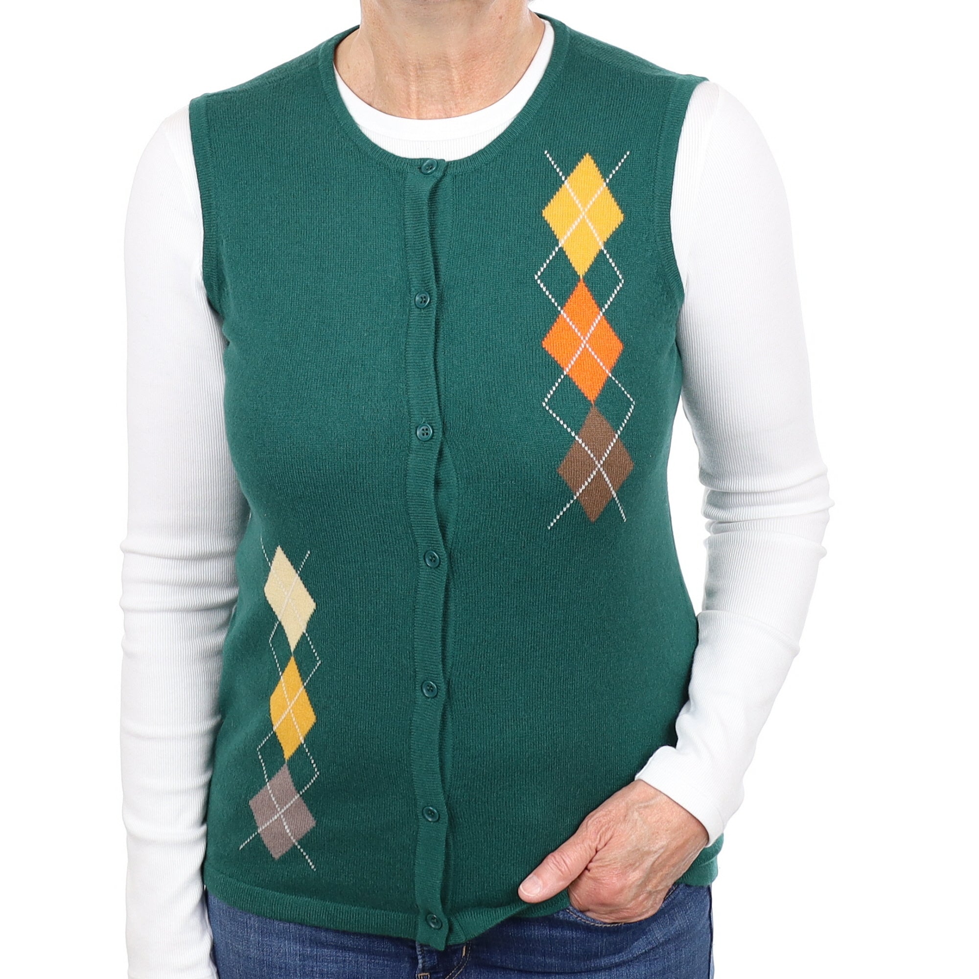 Pine Green Argyle Pattern Cashmere Crew Neck Waistcoat Medium
