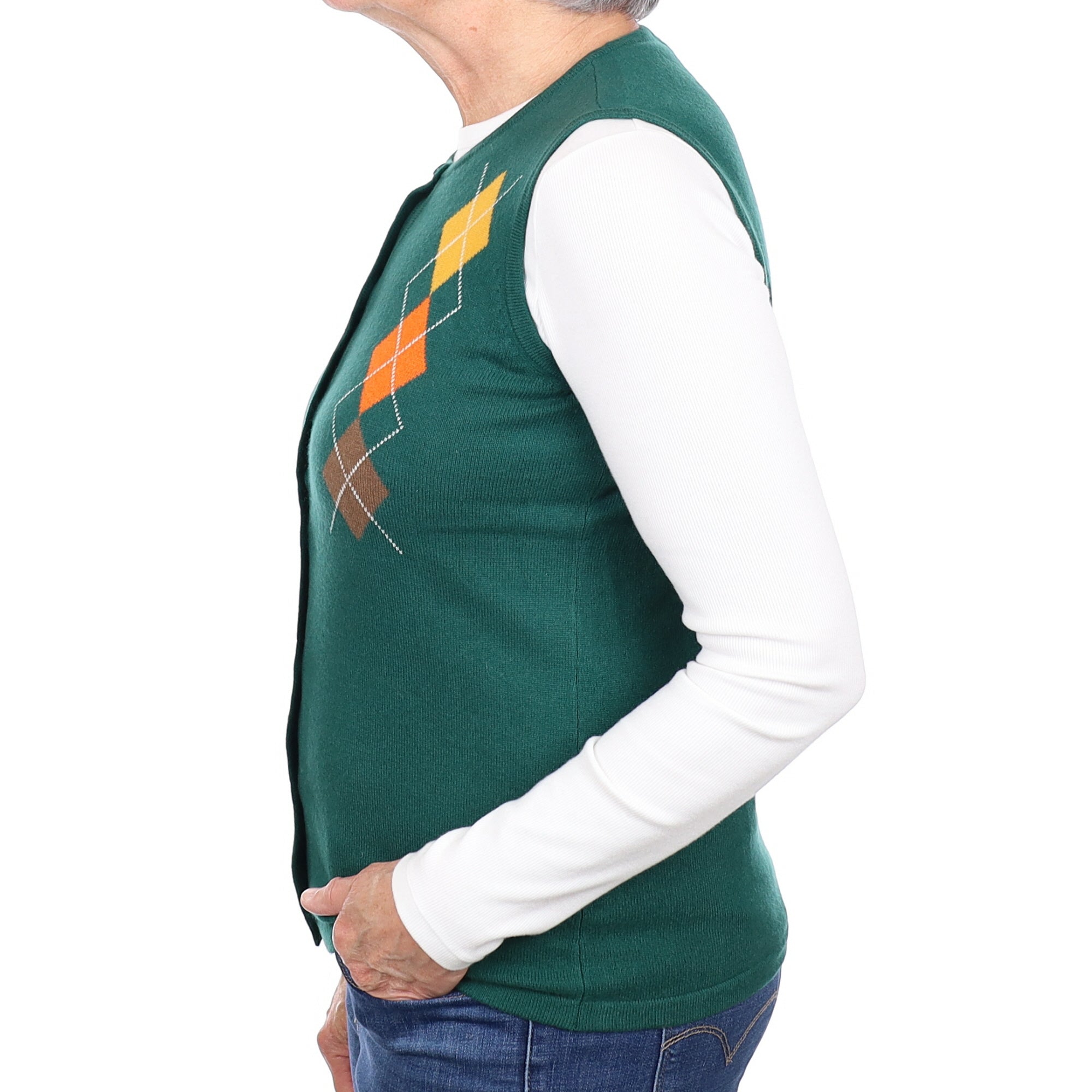 Pine Green Argyle Pattern Cashmere Crew Neck Waistcoat Medium