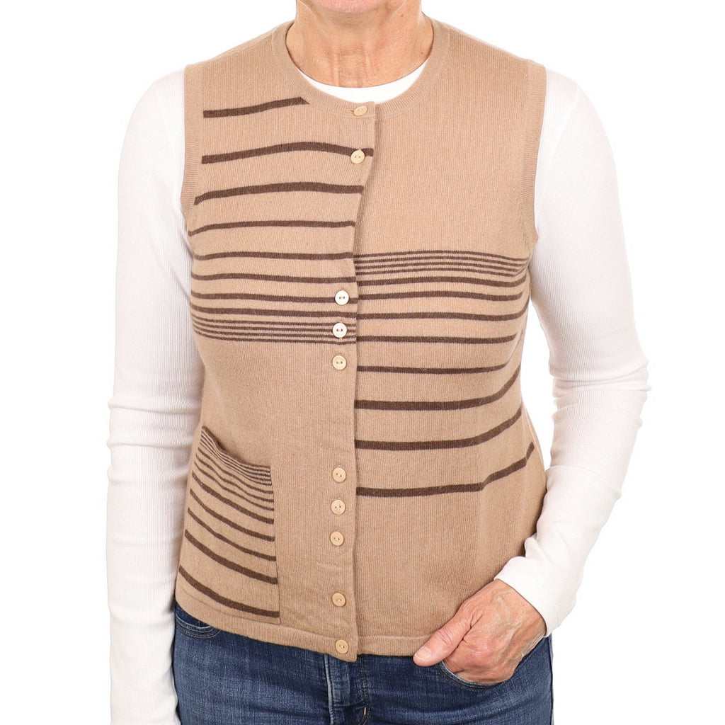 Fudge Brown Striped Cashmere Crew Neck Waistcoat Medium