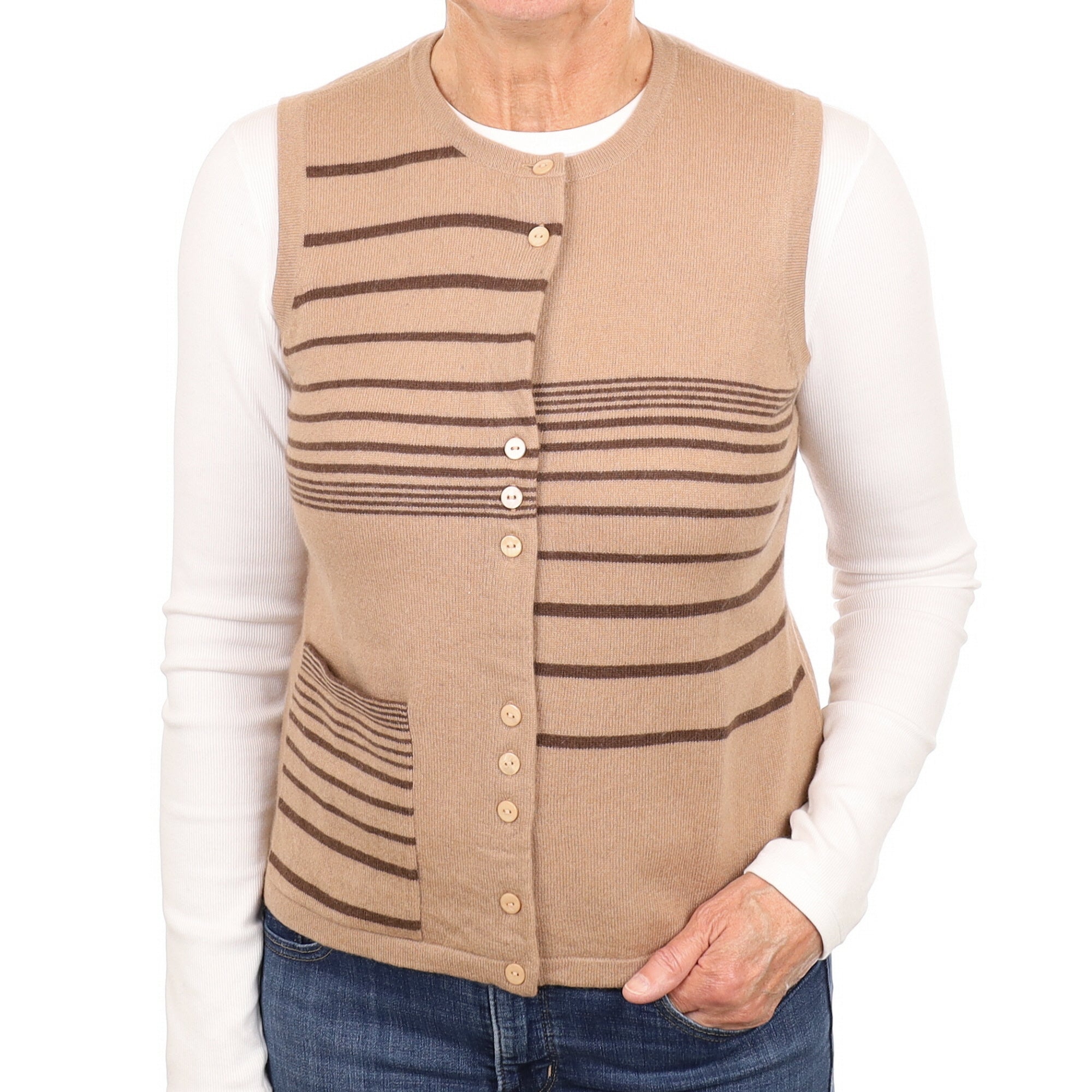 Fudge Brown Striped Cashmere Crew Neck Waistcoat Medium