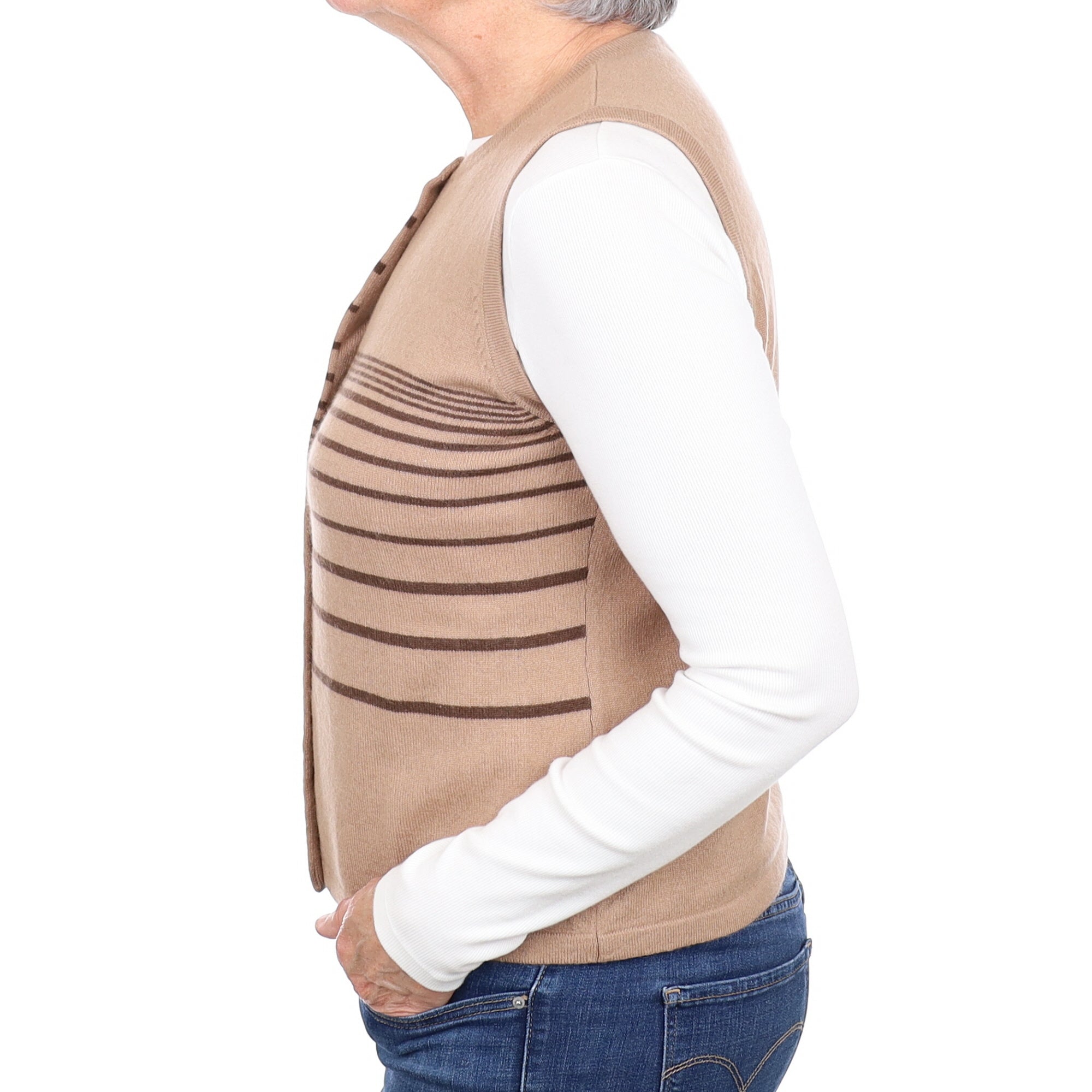 Fudge Brown Striped Cashmere Crew Neck Waistcoat Medium
