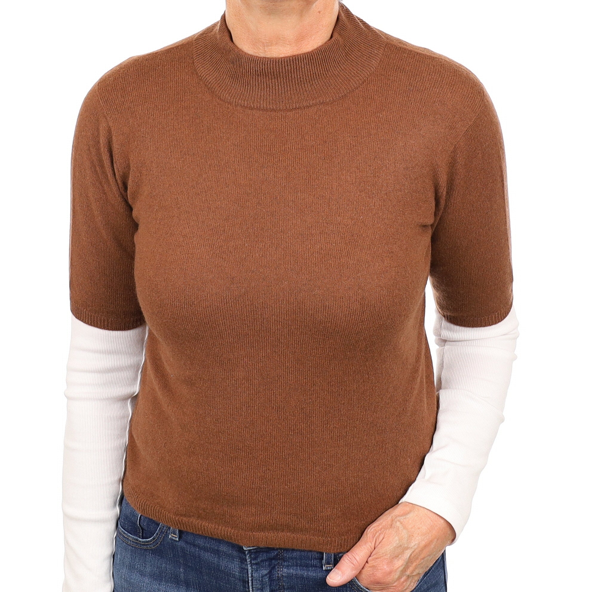 Saddle Brown Cashmere Short Sleeved Turtleneck Jumper Medium
