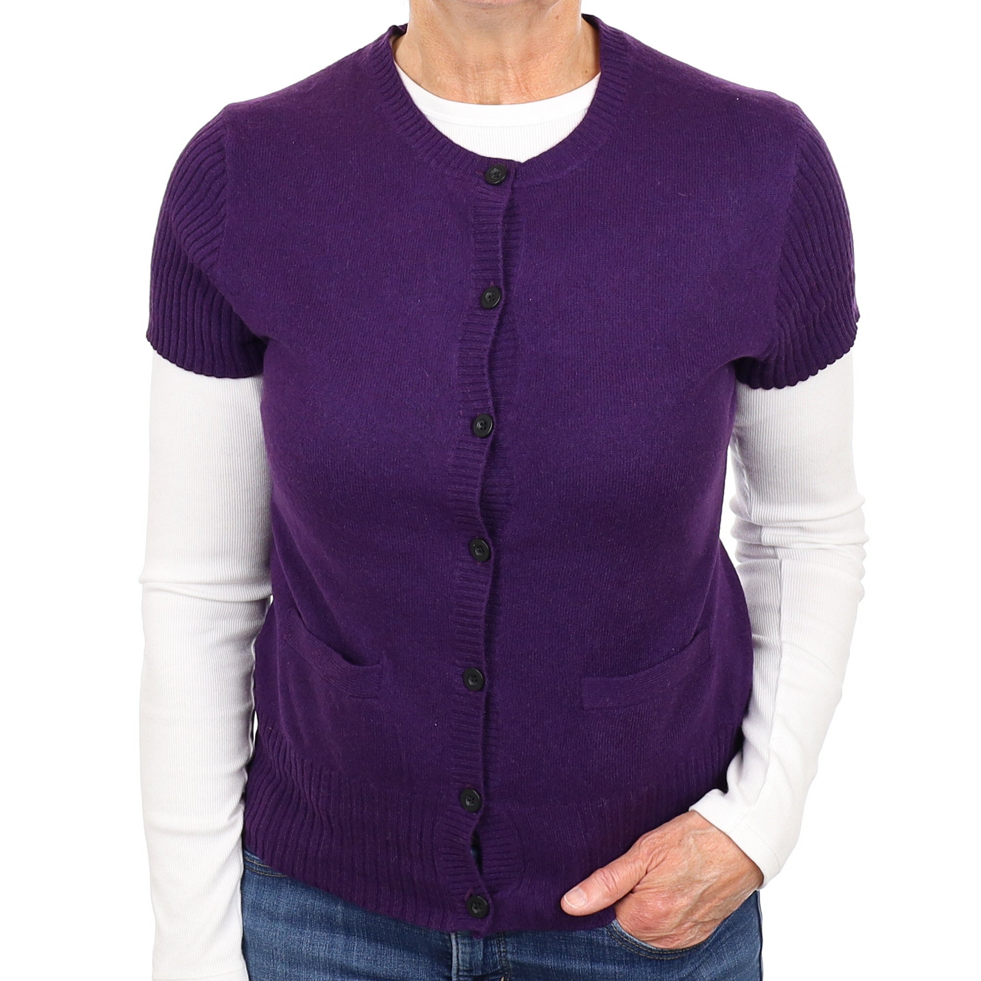 Iris Purple Cashmere Short Sleeved Crew Neck Cardigan Medium