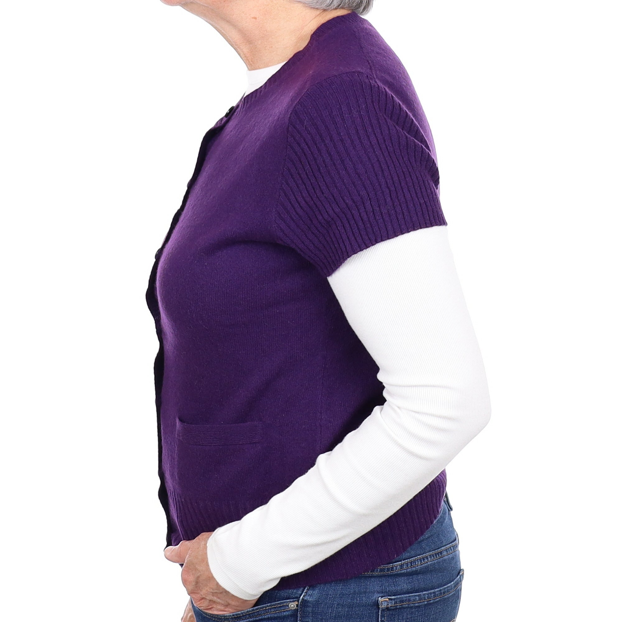 Iris Purple Cashmere Short Sleeved Crew Neck Cardigan Medium