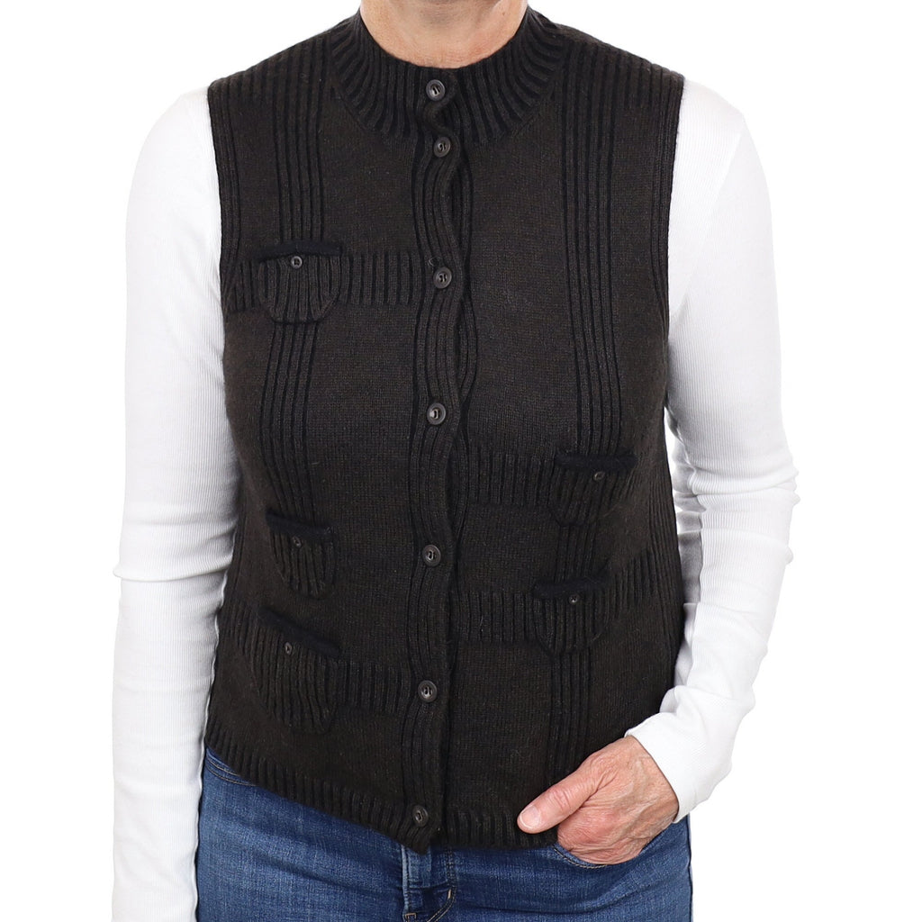 Brown and Black Cashmere Crew Neck Waistcoat  Medium