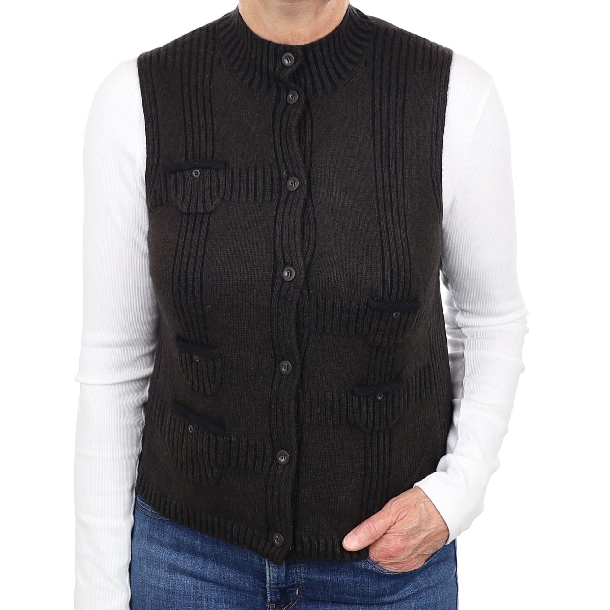 Brown and Black Cashmere Crew Neck Waistcoat  Medium
