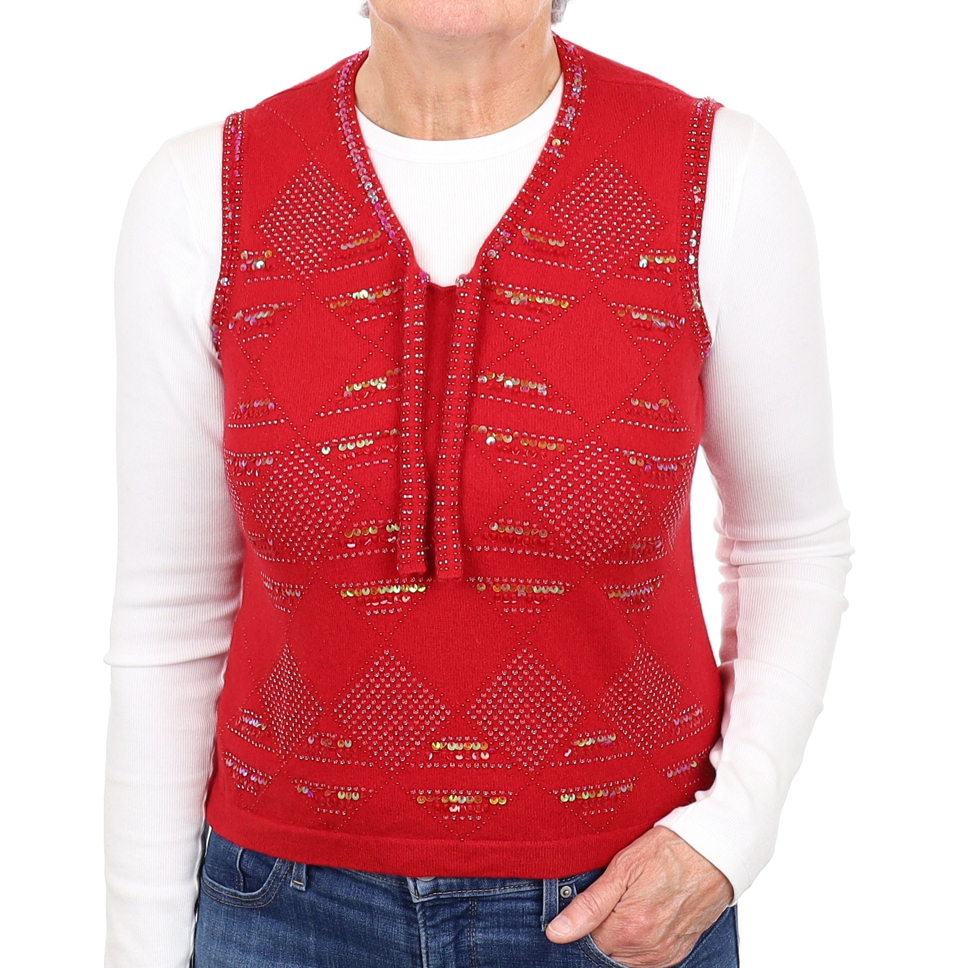 Crimson Red Sequin Cashmere V Neck Tank Top Medium