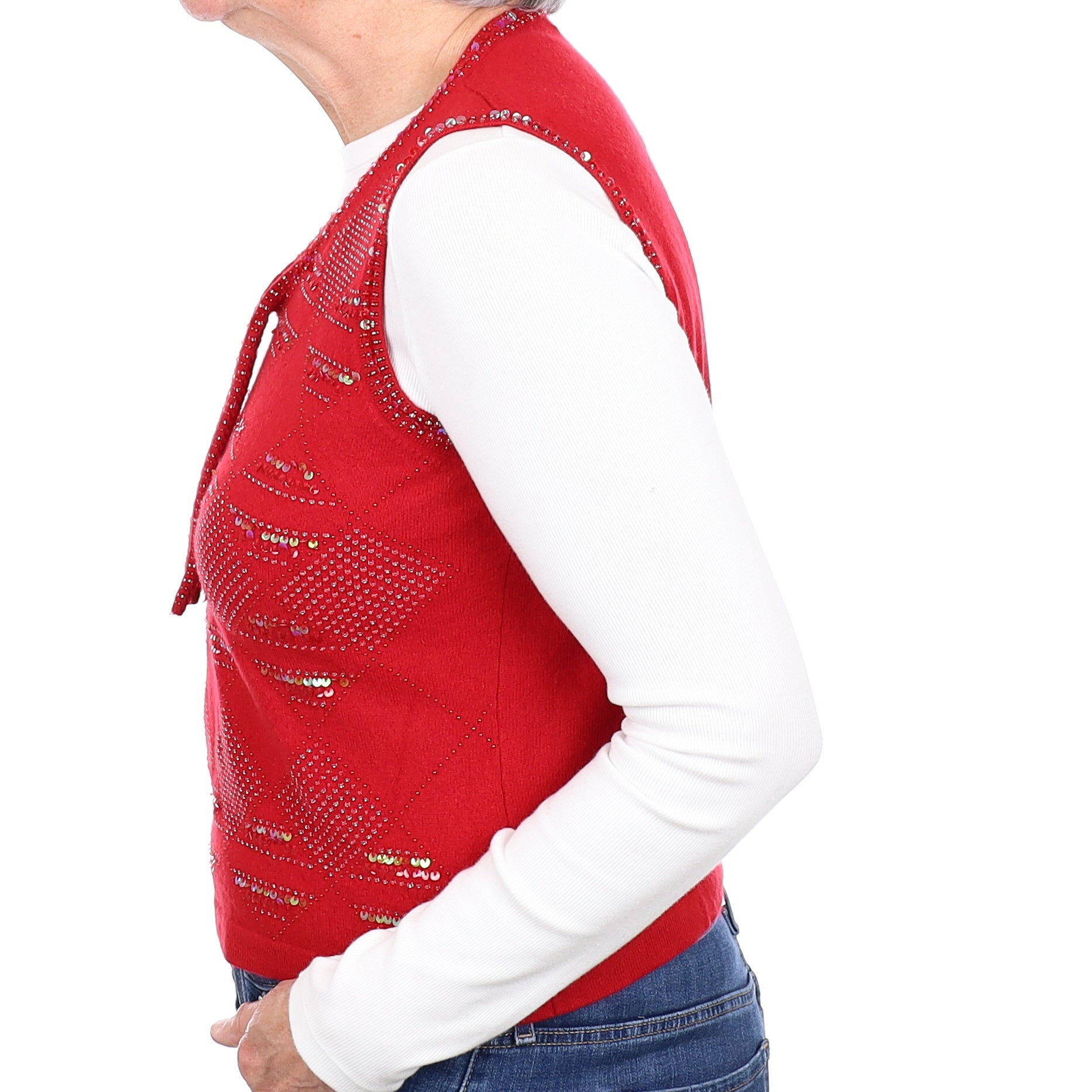 Crimson Red Sequin Cashmere V Neck Tank Top Medium