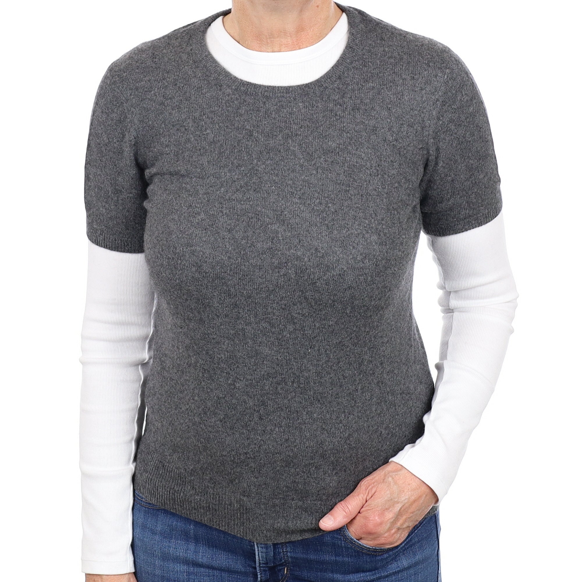 Slate Grey Cashmere Short Sleeved Crew Neck Jumper Medium
