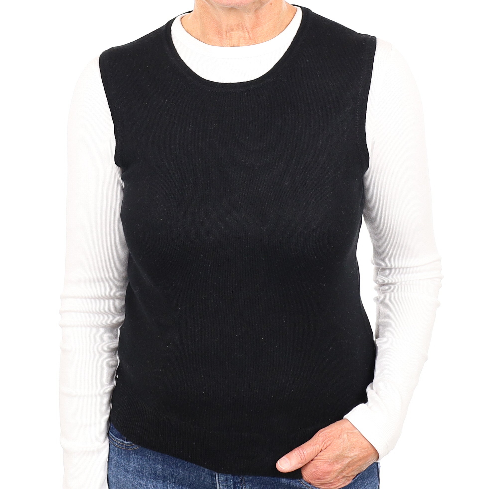 Italian Black Cashmere Crew Neck Tank Top Medium
