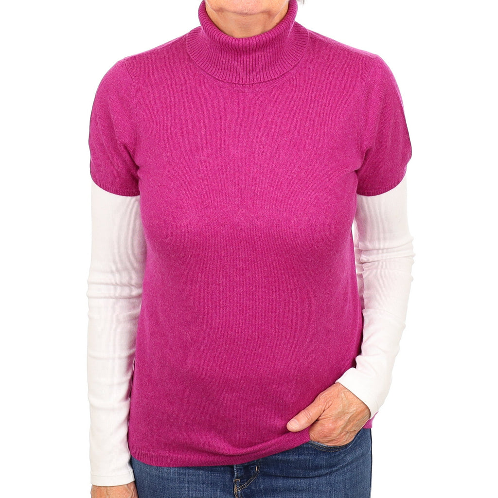 Magenta Pink Cashmere Short Sleeved Turtleneck Jumper Medium