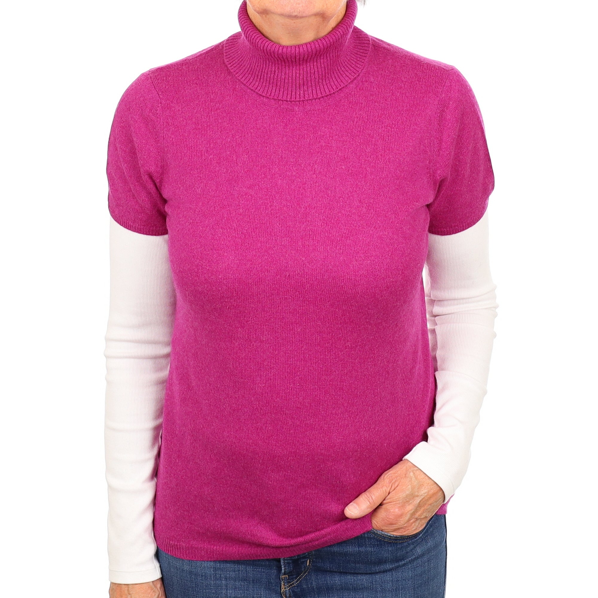Magenta Pink Cashmere Short Sleeved Turtleneck Jumper Medium