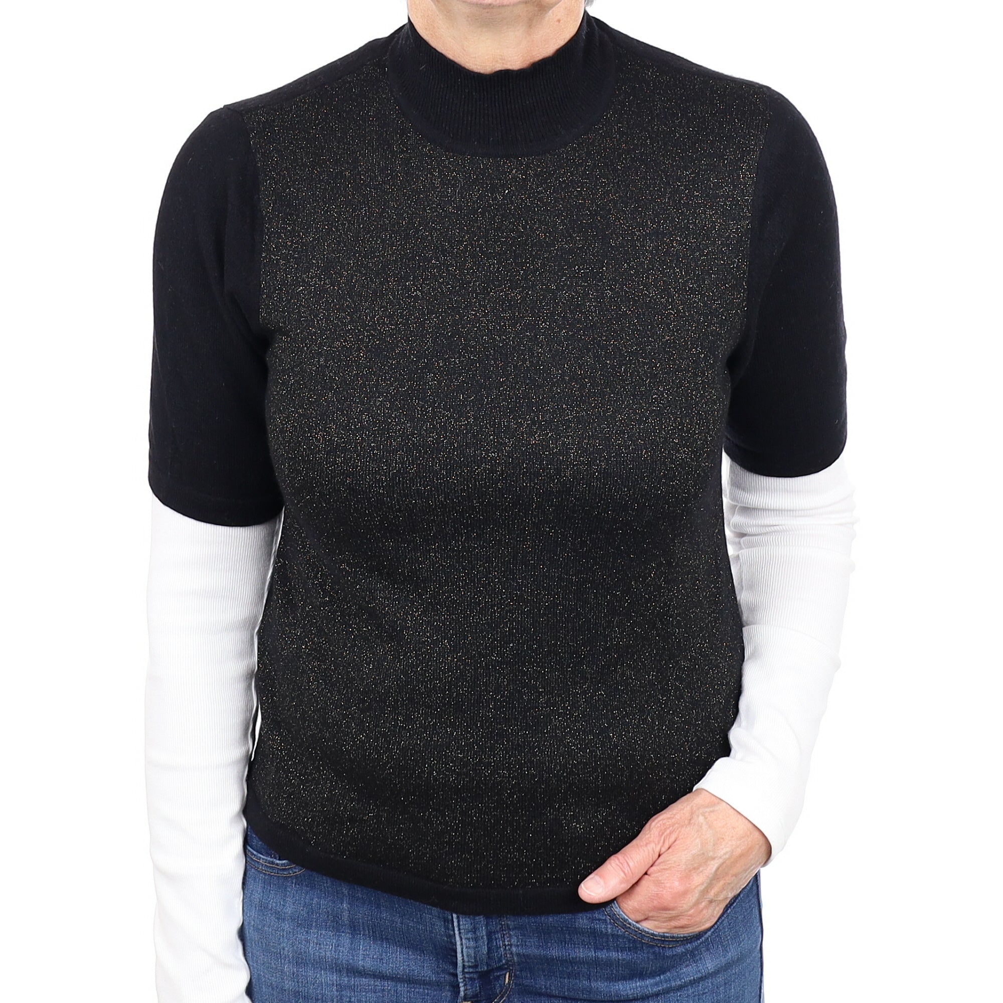 Black and Gold Sparkle Cashmere Short Sleeved Turtleneck Jumper Medium