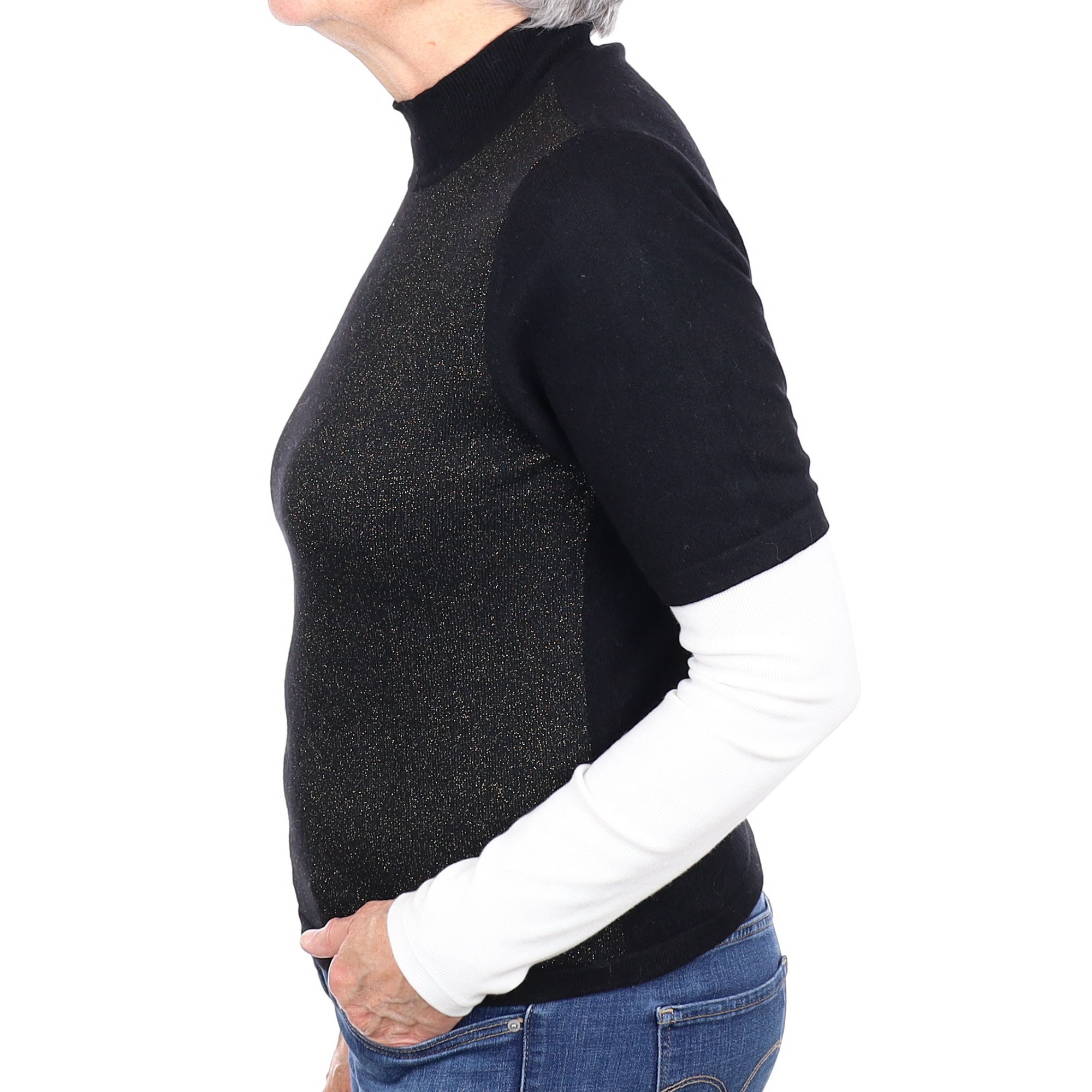 Black and Gold Sparkle Cashmere Short Sleeved Turtleneck Jumper Medium