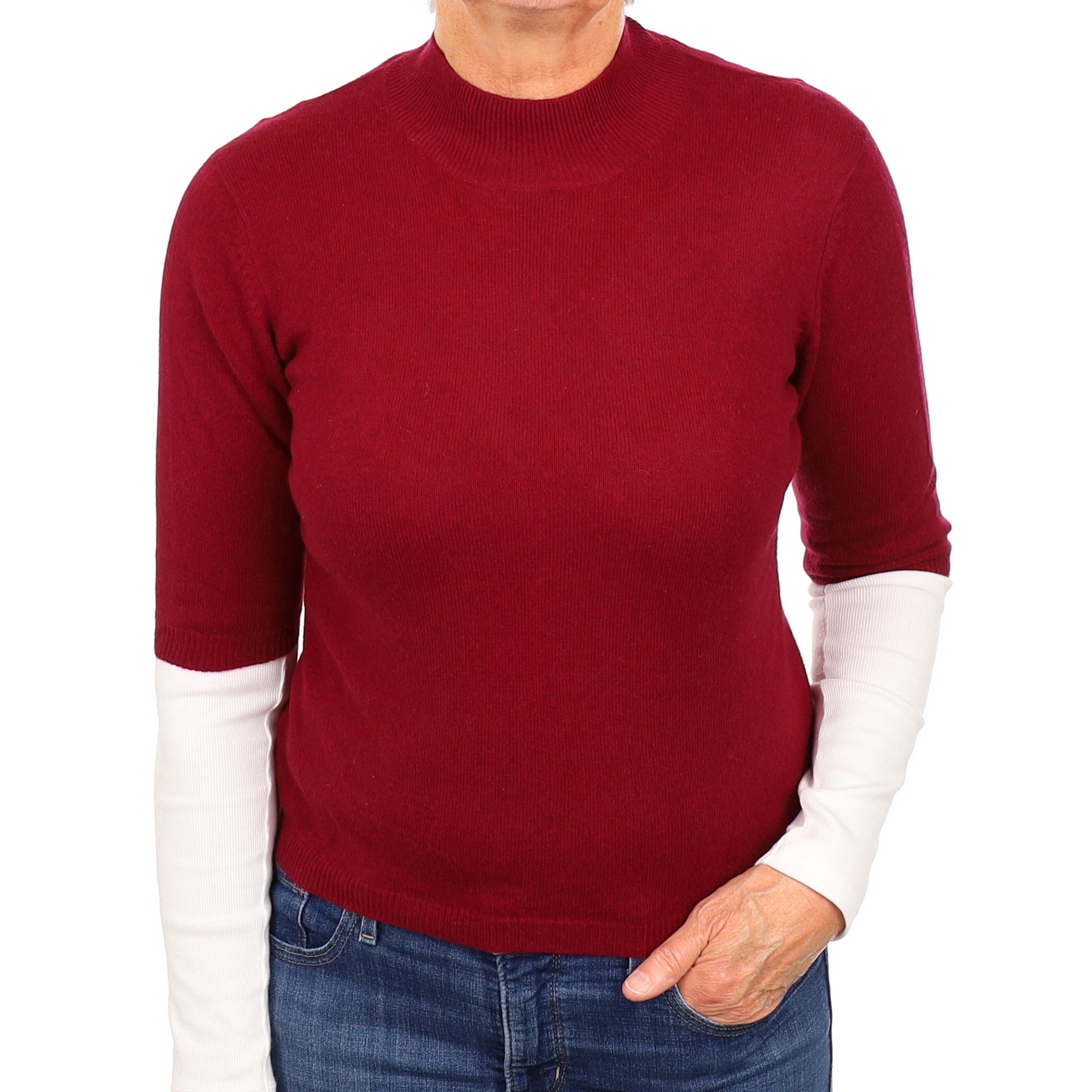 Burgundy Red Cashmere Short Sleeved Turtleneck Jumper Medium