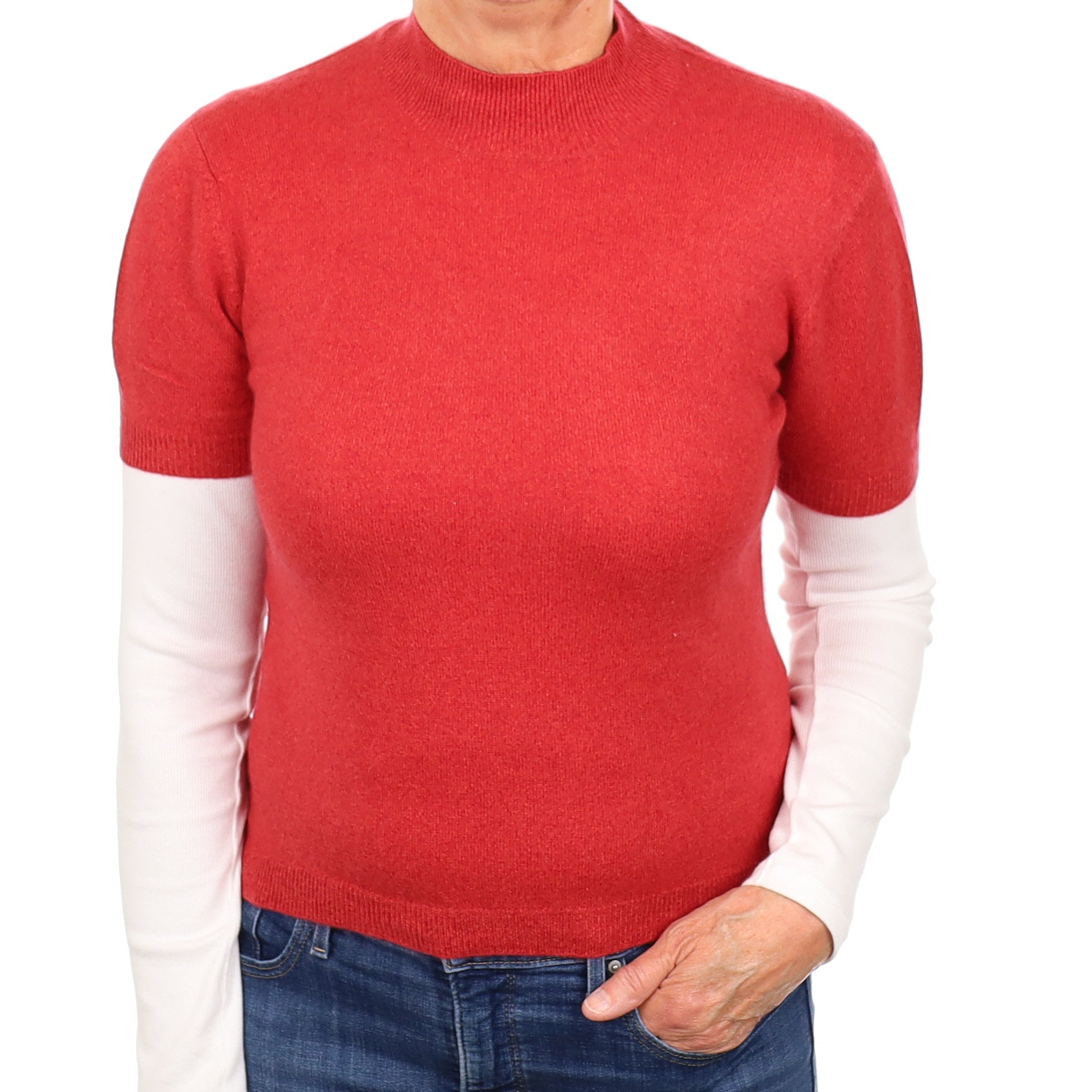Sunset Red Cashmere Short Sleeved Turtleneck Jumper Medium