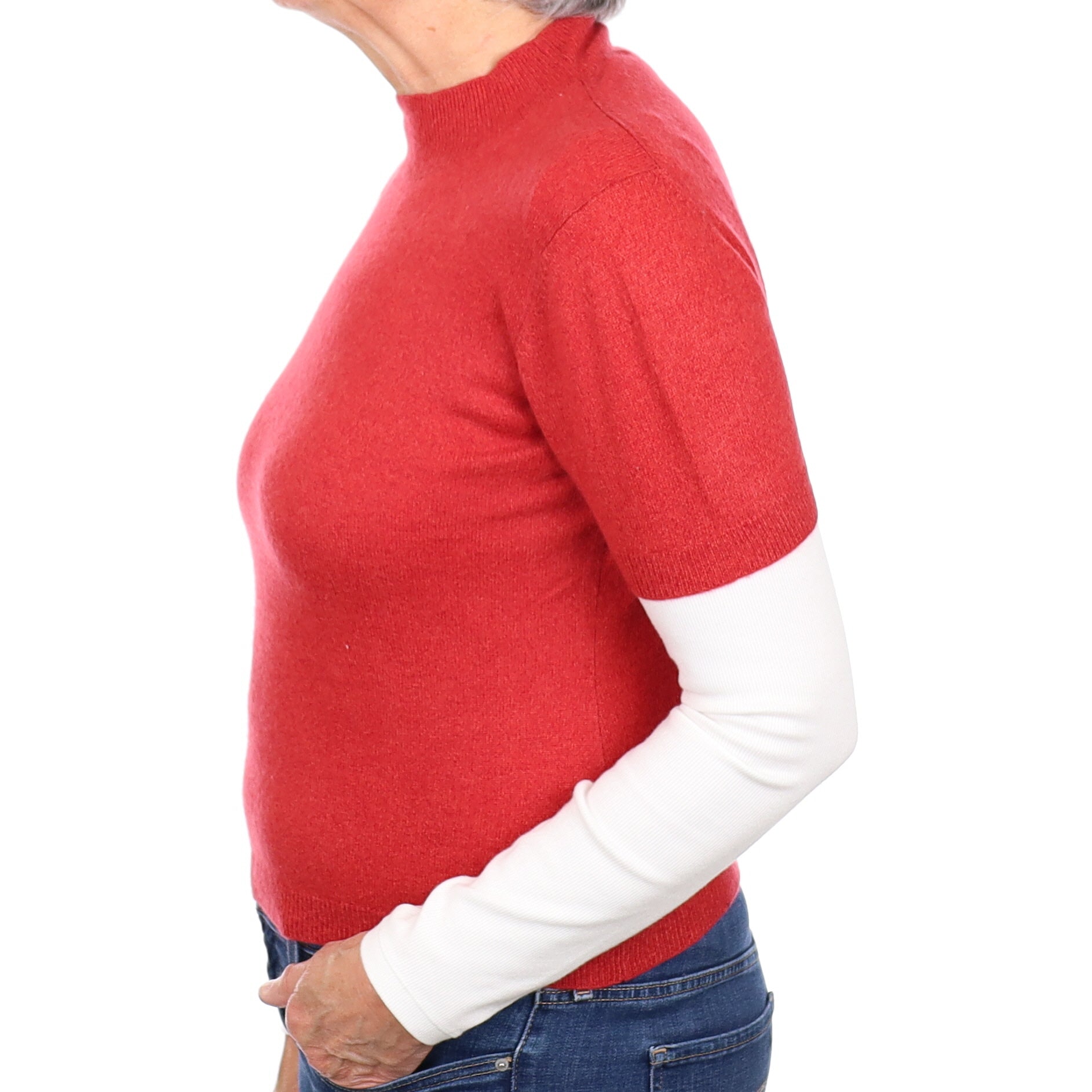 Sunset Red Cashmere Short Sleeved Turtleneck Jumper Medium